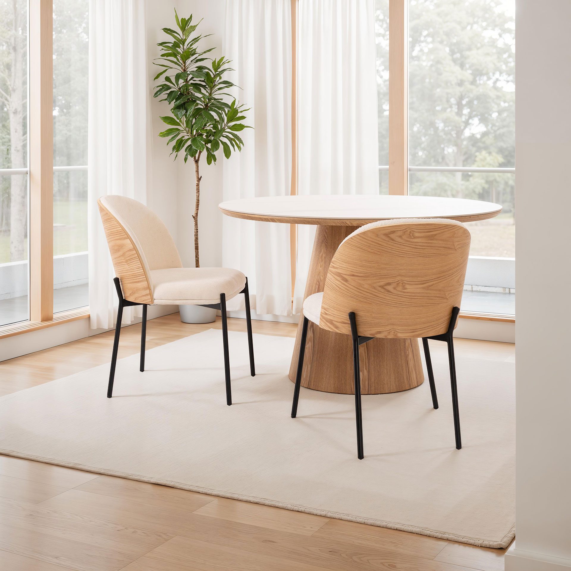 GDECO - SILLA INGRID 80*51*59 CM, ASIENTO CHAPA ROBLE CURVADO, TAPIZADO BEIGE Y PATAS METALICAS EN NEGRO, TEJIDO AQUACLEAN