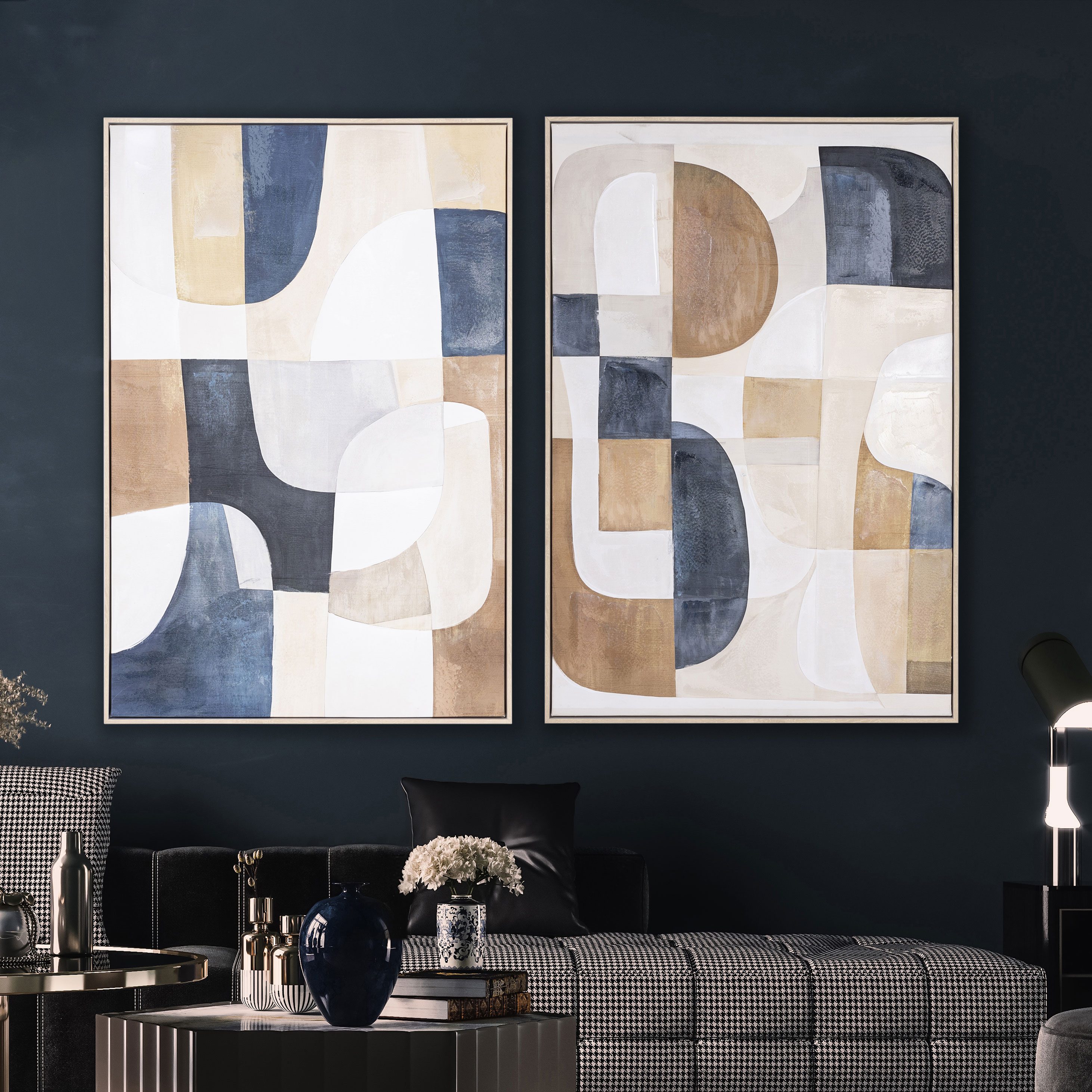 GDECO - SET 2 LIENZOS OLEO 60X90 CM. MARCO ROBLE, FORMAS GEOMÉTRICAS AZUL Y TIERRA (A)