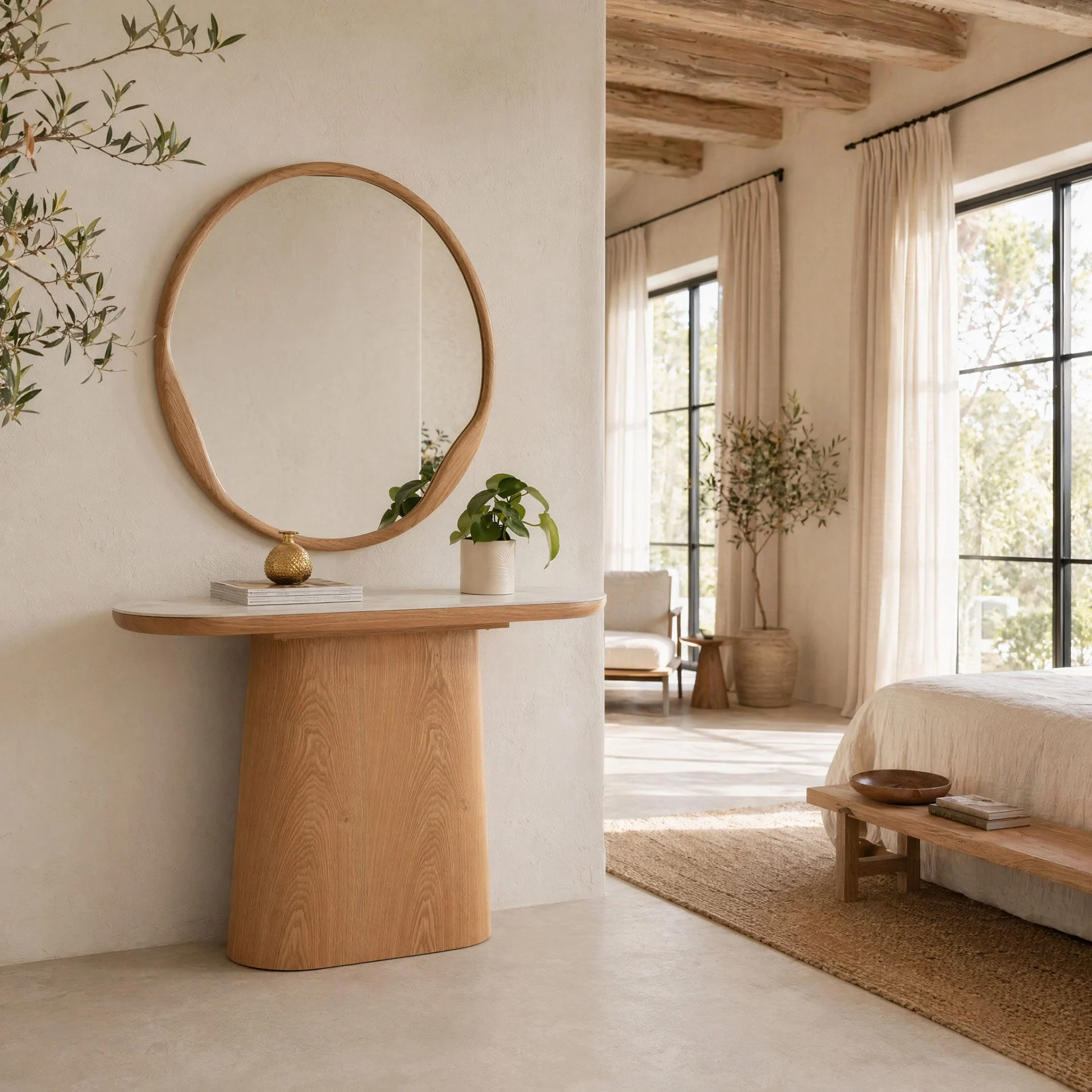GDECO - CONSOLA 120*80*40 CM. TAPA PORCELANICO BLANCO, PIE CHAPA MADERA ROBLE