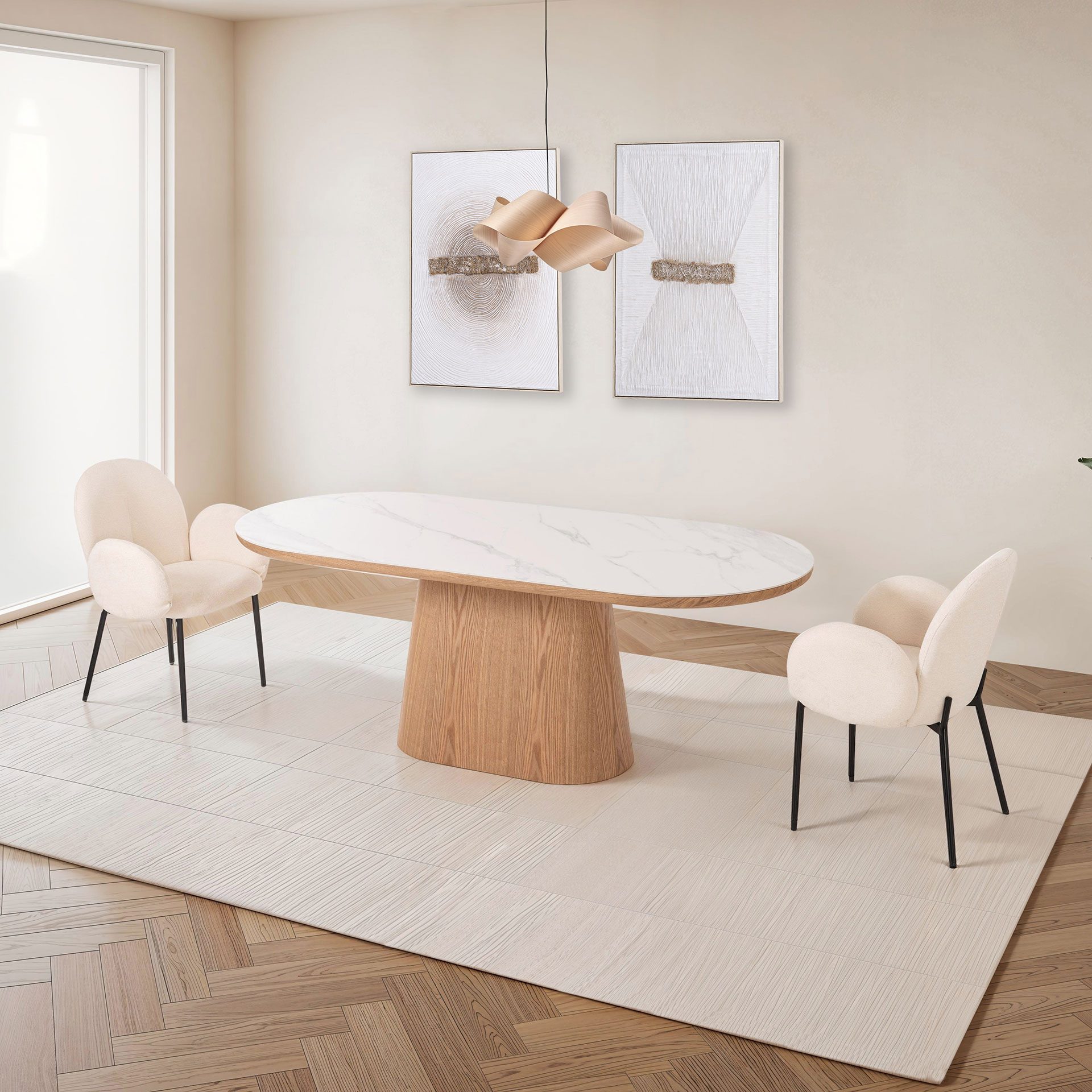 GDECO - MESA COMEDOR TAPA OVALADA 200*90*75CM, TAPA PORCELANICO BLANCO, PIE CHAPA ROBLE