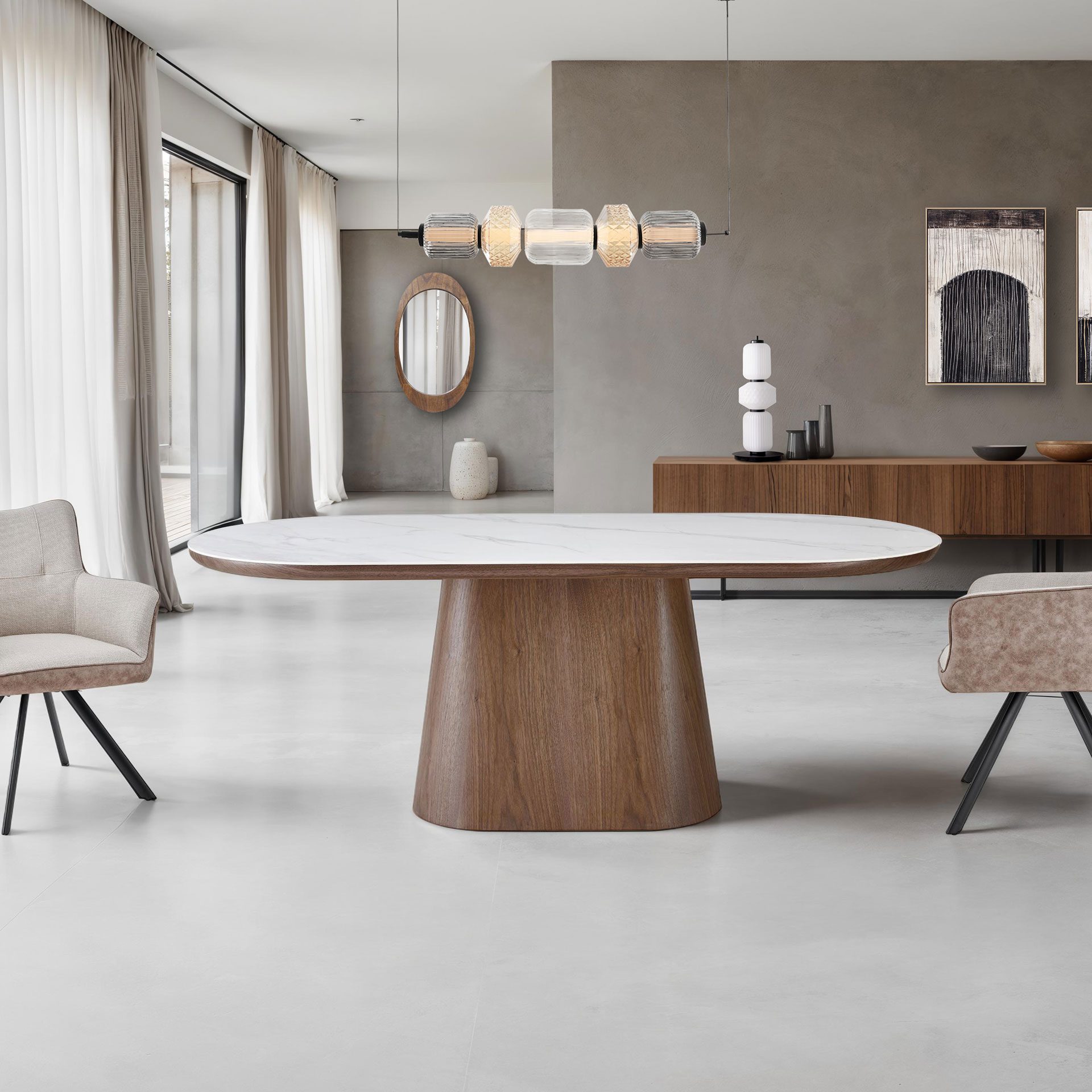 GDECO - MESA COMEDOR TAPA OVALADA 200*90*75CM, TAPA PORCELANICO BLANCO, PIE CHAPA NOGAL