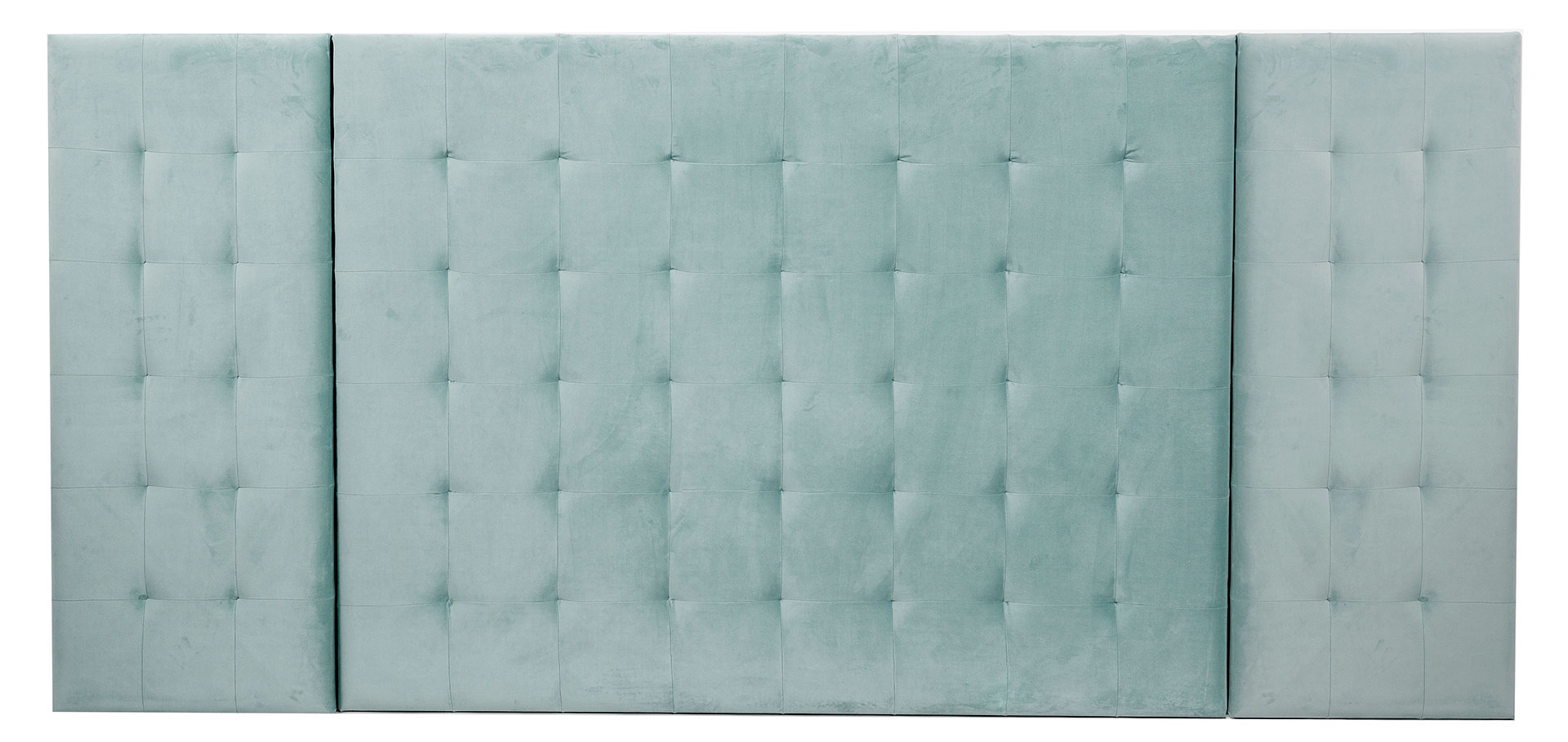 GDECO - CABECERO CAPITONÉ CUADRADO CON MODULOS LATERALES. TERCIOPELO AQUAMARINA. CAMA 135 y 140 CM