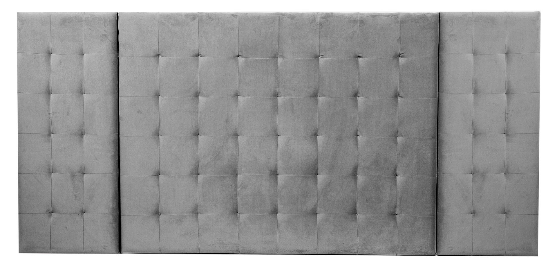 GDECO - CABECERO CAPITONÉ CUADRADO CON MODULOS LATERALES. TERCIOPELO PLATA. CAMA 135 y 140 CM