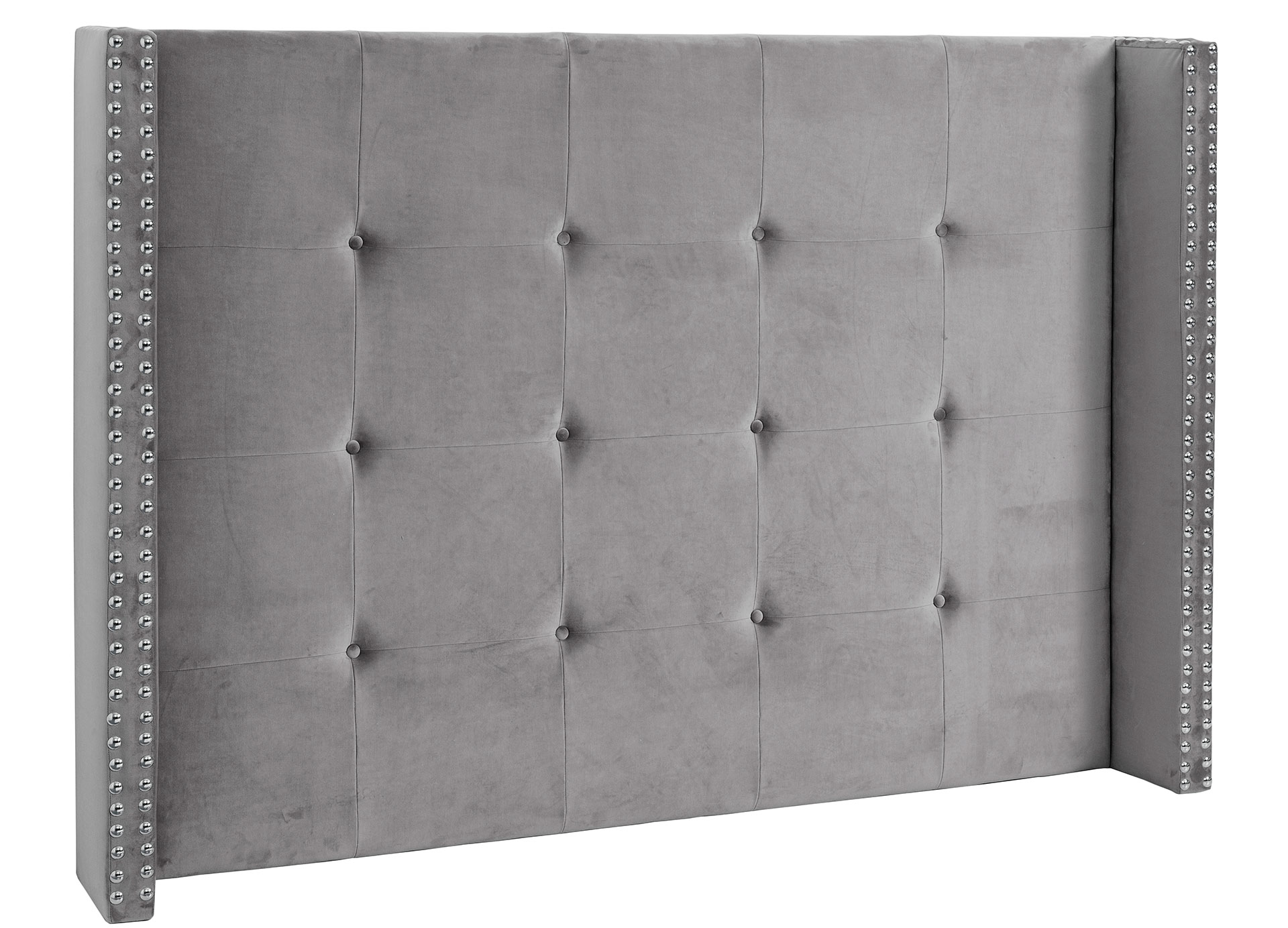 GDECO - CABECERO CAPITONÉ CUADRADO, OREJAS CON TACHA. TERCIOPELO PLATA. CAMA 135 Y 140 CM. ALTURA 120 CM