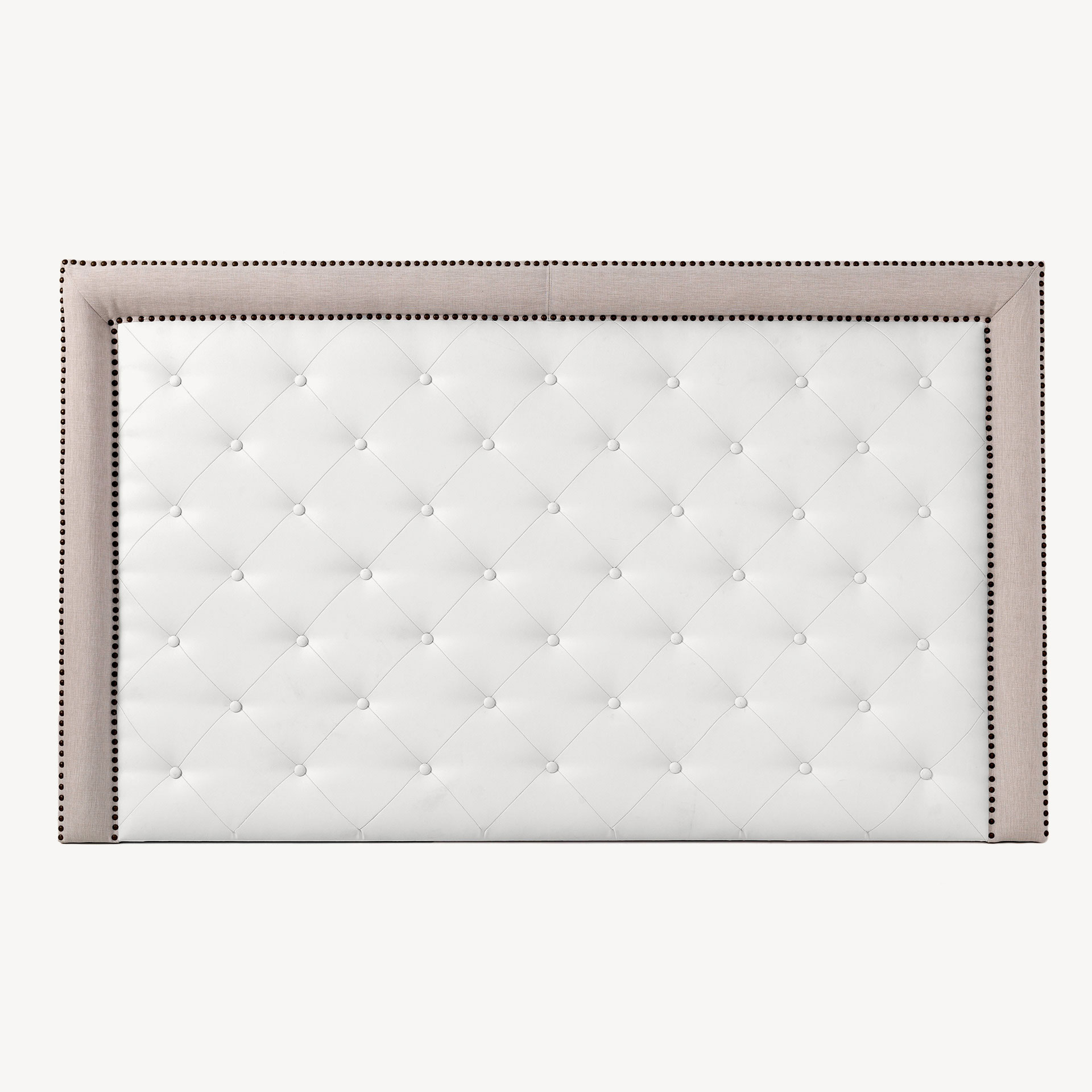 GDECO - CABECERO MARCO LINO NATURAL, INTERIOR CAPITONÉ ROMBO POLIPIEL BLANCO. PARA CAMA 90 ALTURA 120 CM