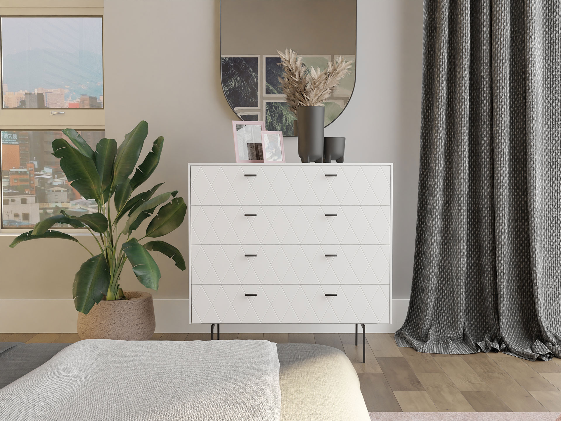 GDECO - CÓMODA 4 CAJONES. COLECCIÓN DIAMOND. LACADA BLANCO. GUIA CON FRENO.