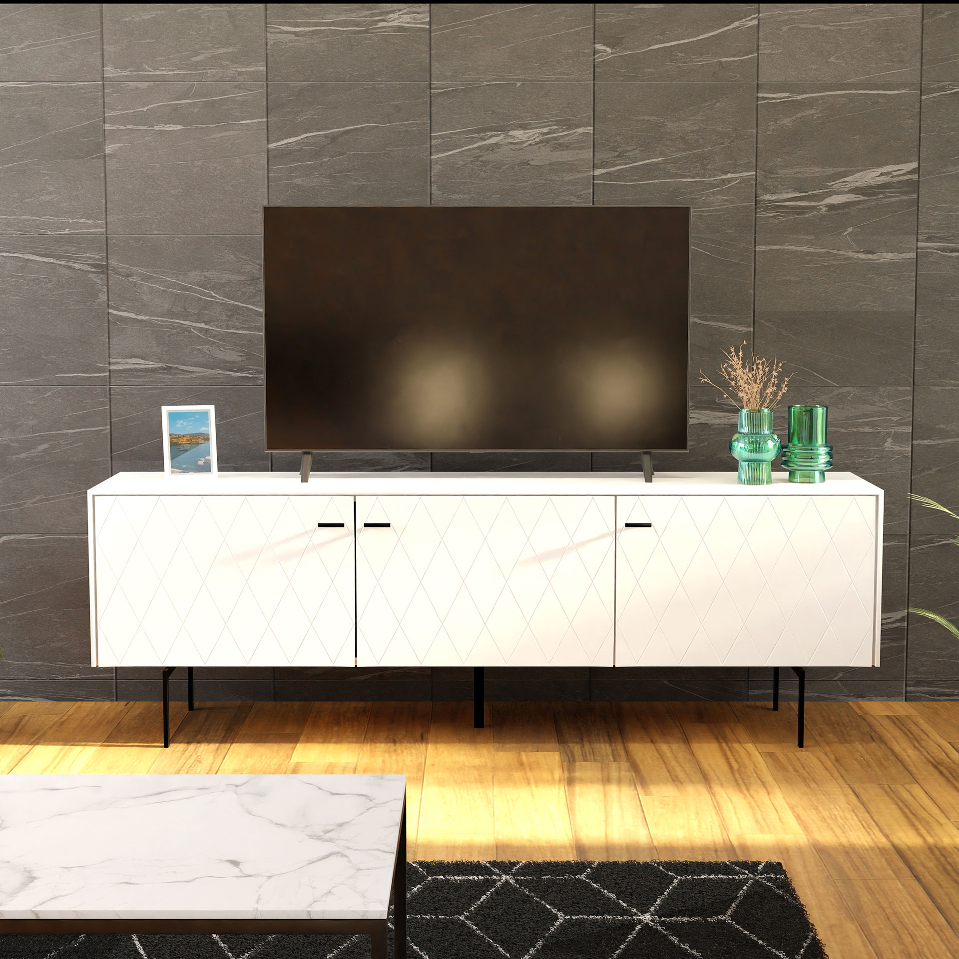 GDECO - MUEBLE TV 3 PUERTAS. ANCHO 182 cm COLECCIÓN DIAMOND. LACADA BLANCO. VISAGRA CON FRENO.