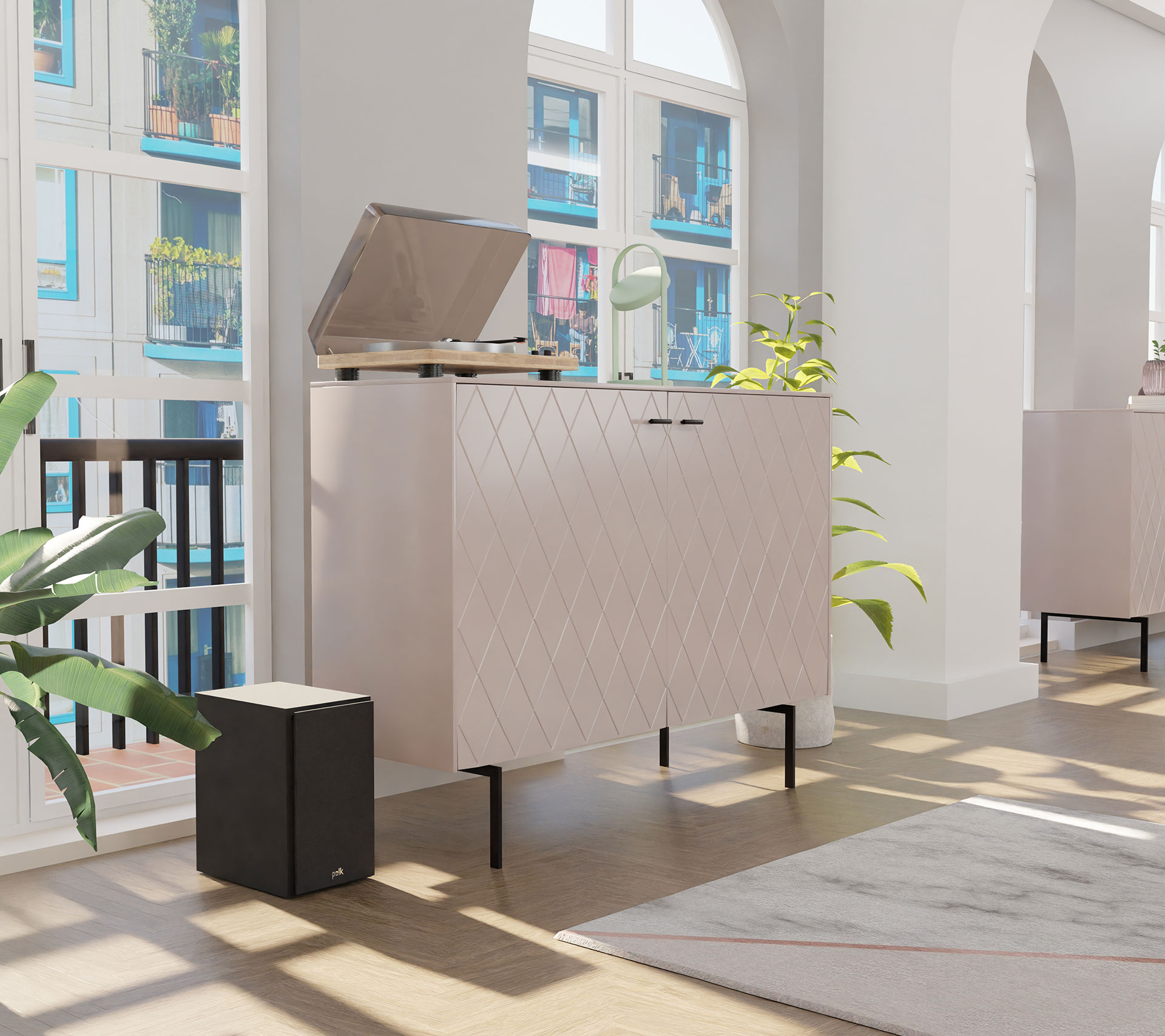 GDECO - CONSOLA 2 PUERTAS. COLECCIÓN DIAMOND. LACADA VISON, ZOCALO NEGRO GRAFITO. VISAGRA CON FRENO.