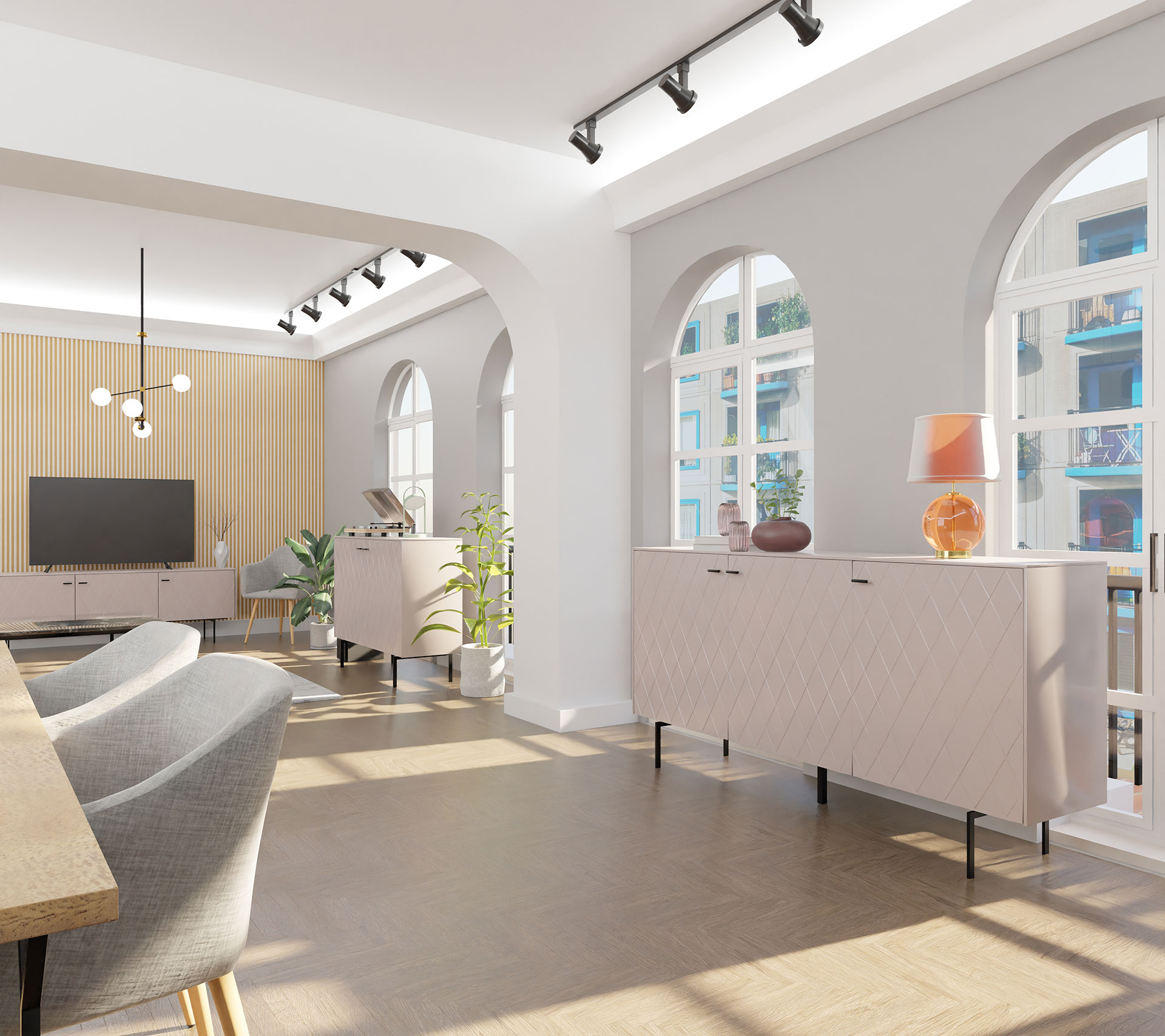 GDECO - APARADOR 3 PUERTAS. COLECCIÓN DIAMOND. LACADA VISON, ZOCALO NEGRO GRAFITO. VISAGRA CON FRENO.