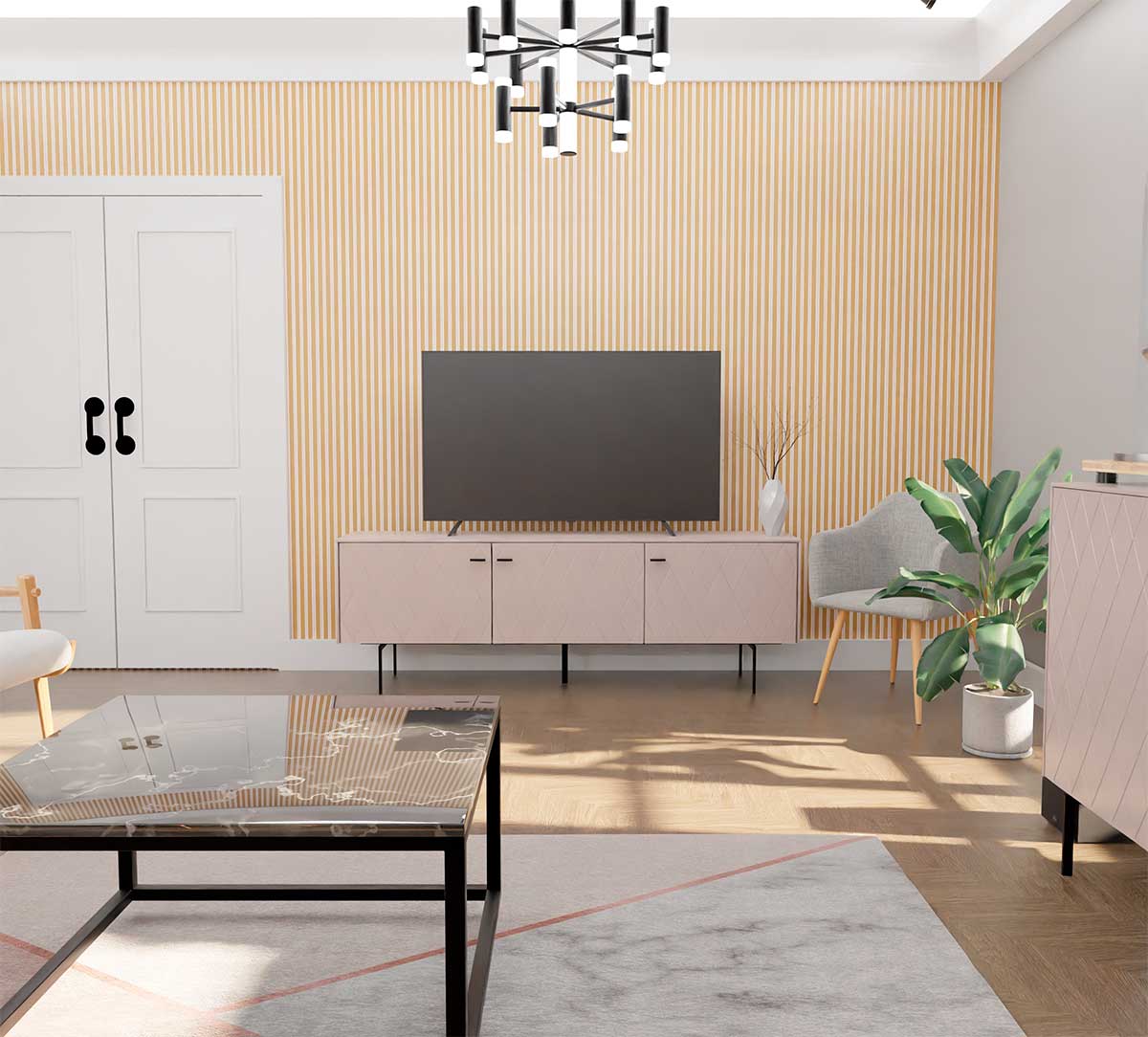 GDECO - MUEBLE TV 3 PUERTAS. ANCHO 182 cm COLECCIÓN DIAMOND. LACADA VISON, ZOCALO NEGRO GRAFITO. VISAGRA CON FRENO.