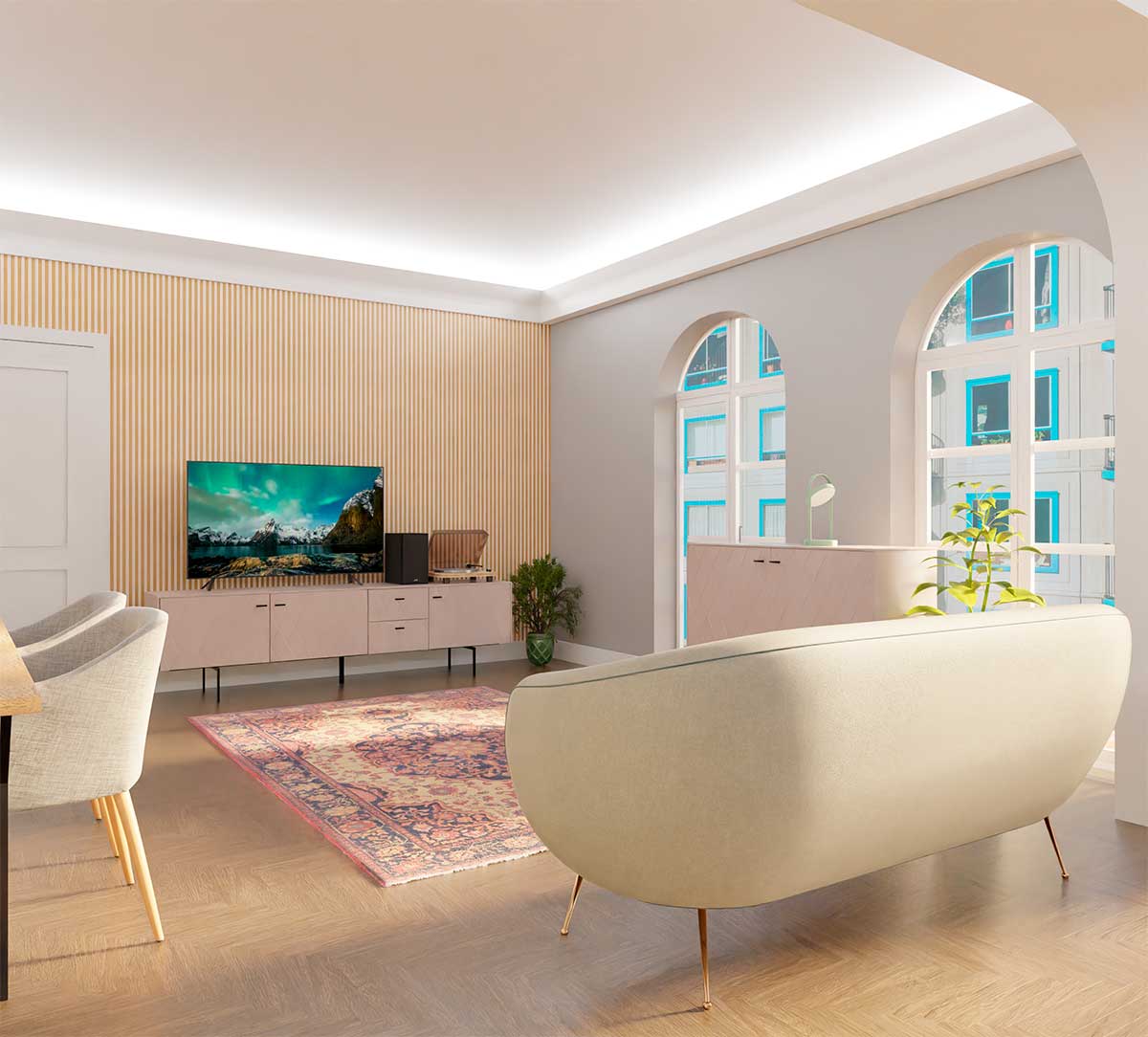 GDECO - MUEBLE TV 3 PUERTAS. y 2 CAJONES. ANCHO 222 cm. COLECCIÓN DIAMOND. LACADA VISON, ZOCALO NEGRO GRAFITO. GUIA Y VISAGRA CON FRENO.