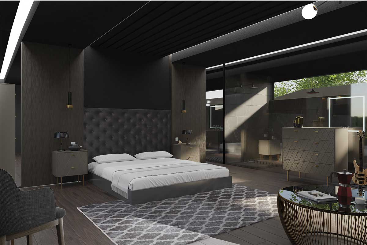 GDECO - MESITA 2 CAJONES.  ANCHO 51cm. COLECCIÓN DIAMOND. LACADA ORO PERLADO, ZOCALO NEGRO GRAFITO. GUIA CON FRENO.