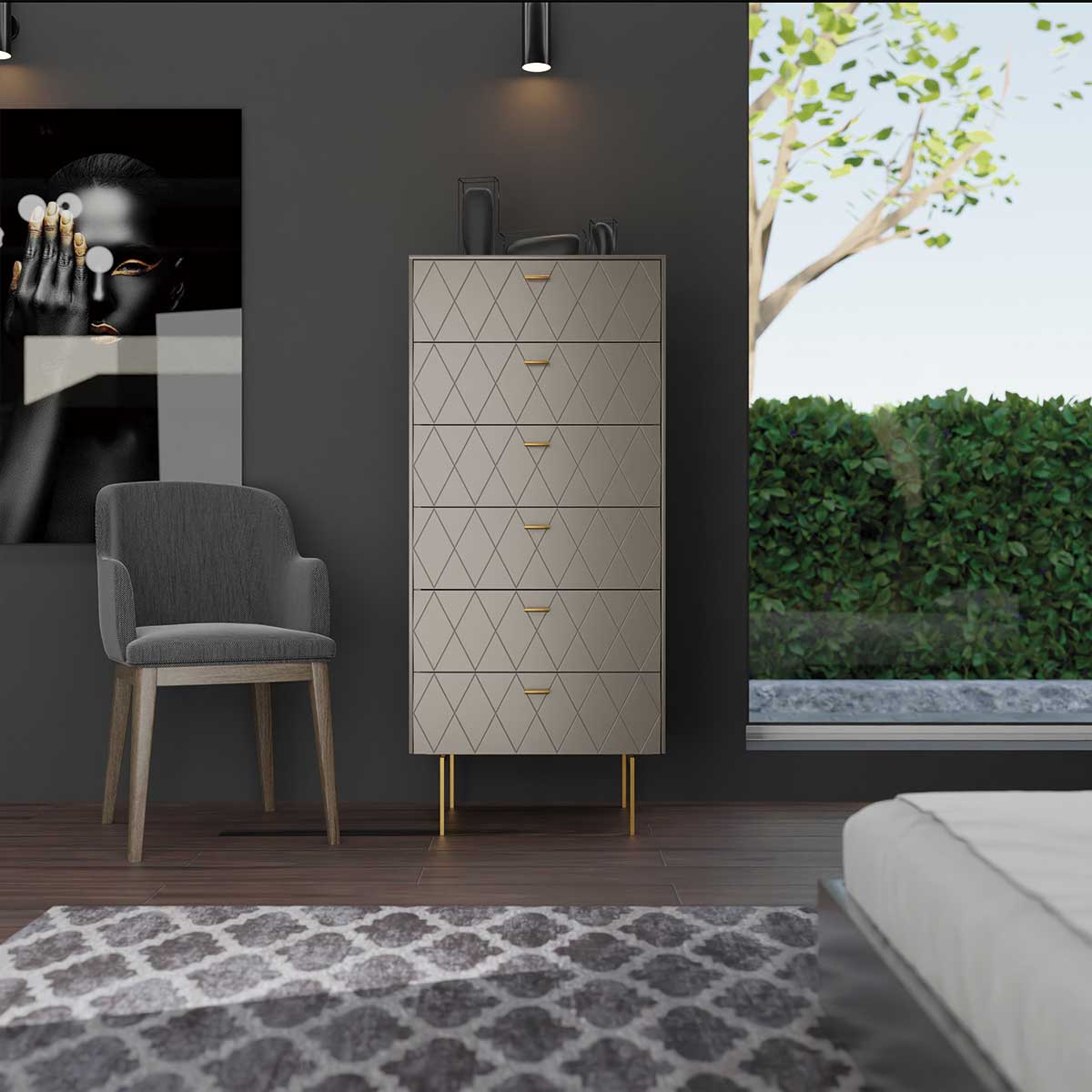 GDECO - SINFONIER 6 CAJONES. COLECCIÓN DIAMOND. LACADO ORO PERLADO, ZOCALO NEGRO GRAFITO. GUIA CON FRENO.