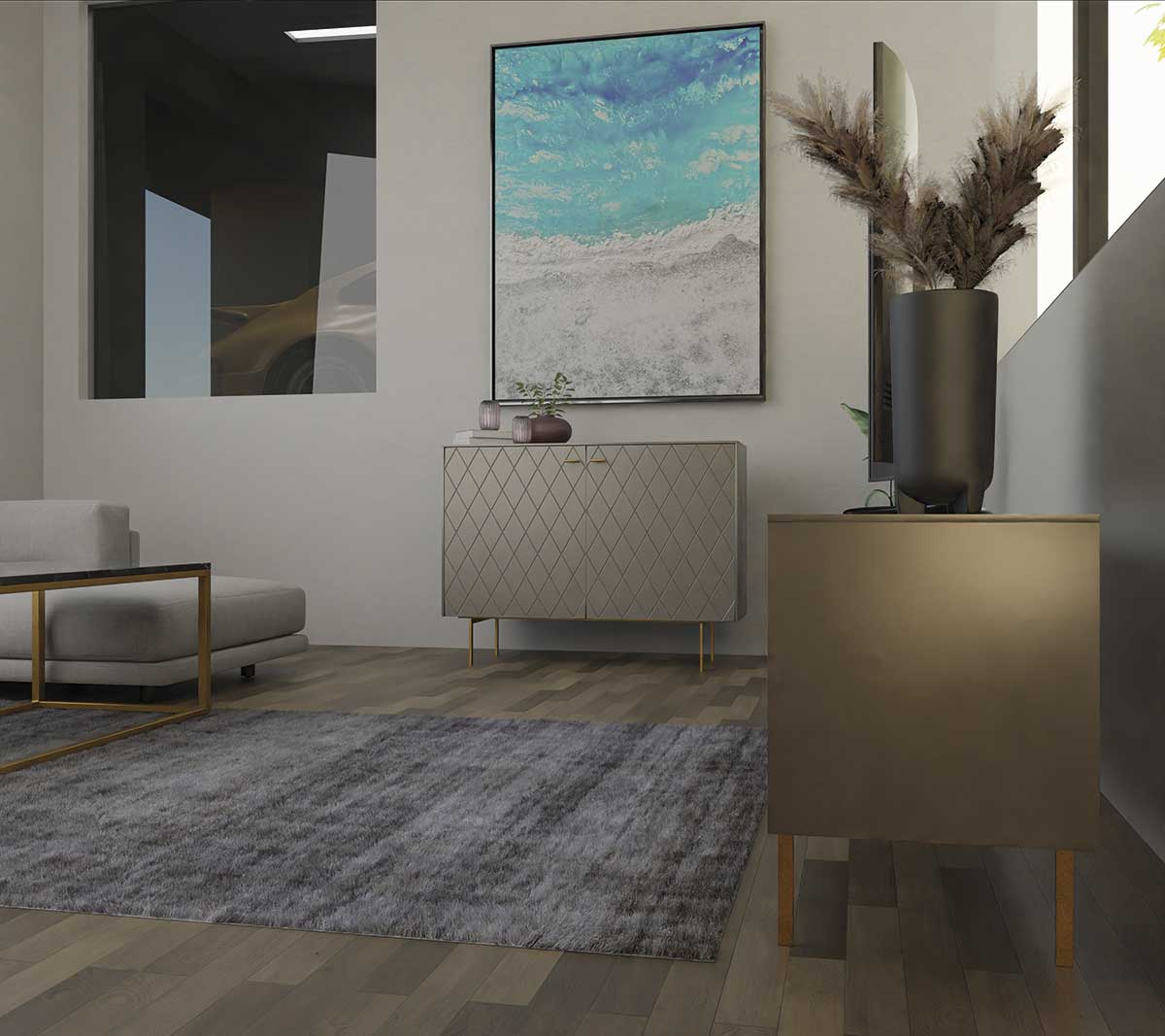 GDECO - CONSOLA 2 PUERTAS. COLECCIÓN DIAMOND. LACADA ORO PERLADO, ZOCALO NEGRO GRAFITO. VISAGRA CON FRENO.