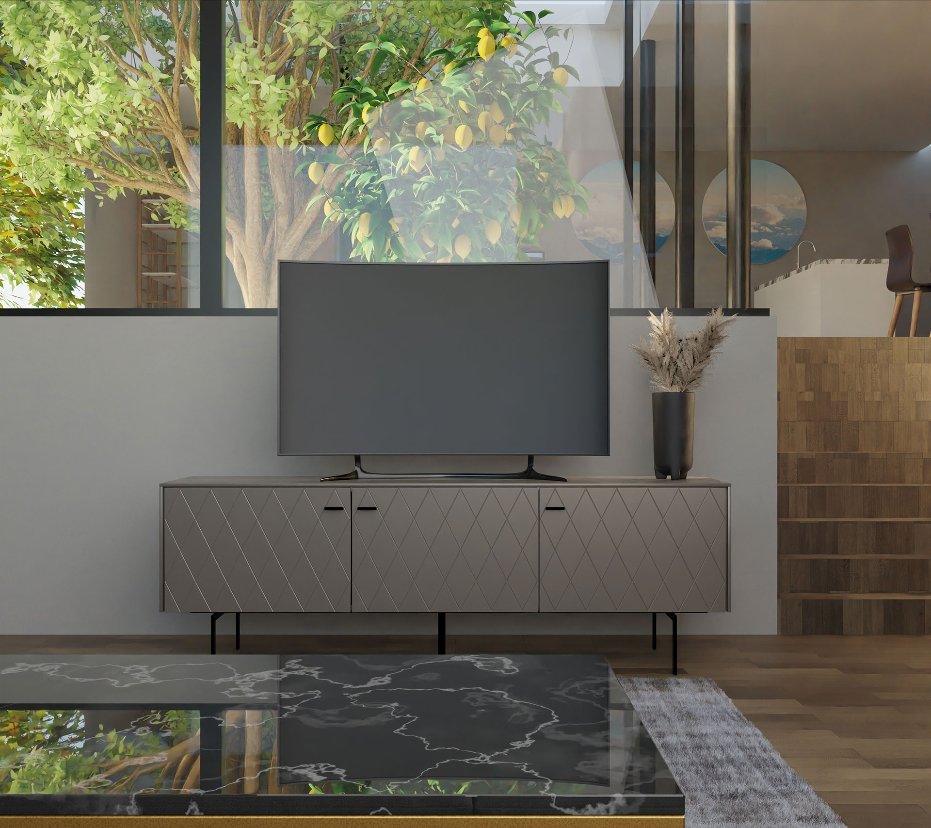 GDECO - MUEBLE TV 3 PUERTAS. ANCHO 182 cm COLECCIÓN DIAMOND. LACADA ORO PERLADO, ZOCALO NEGRO GRAFITO. VISAGRA CON FRENO.