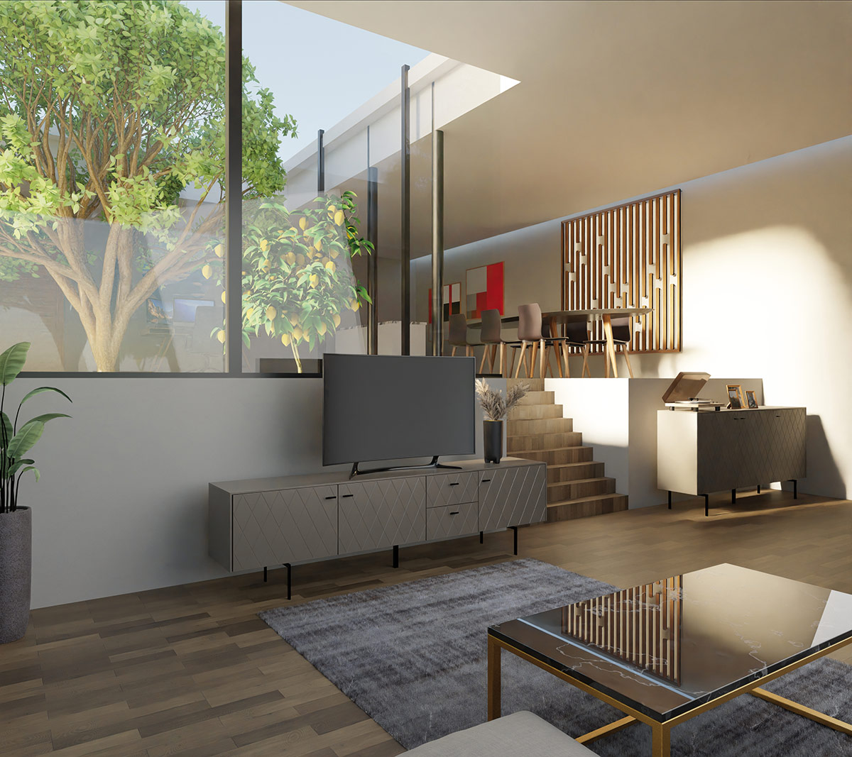 GDECO - MUEBLE TV 3 PUERTAS. y 2 CAJONES. ANCHO 222 cm. COLECCIÓN DIAMOND. LACADA ORO PERLADO, ZOCALO NEGRO GRAFITO. GUIA Y VISAGRA CON FRENO.