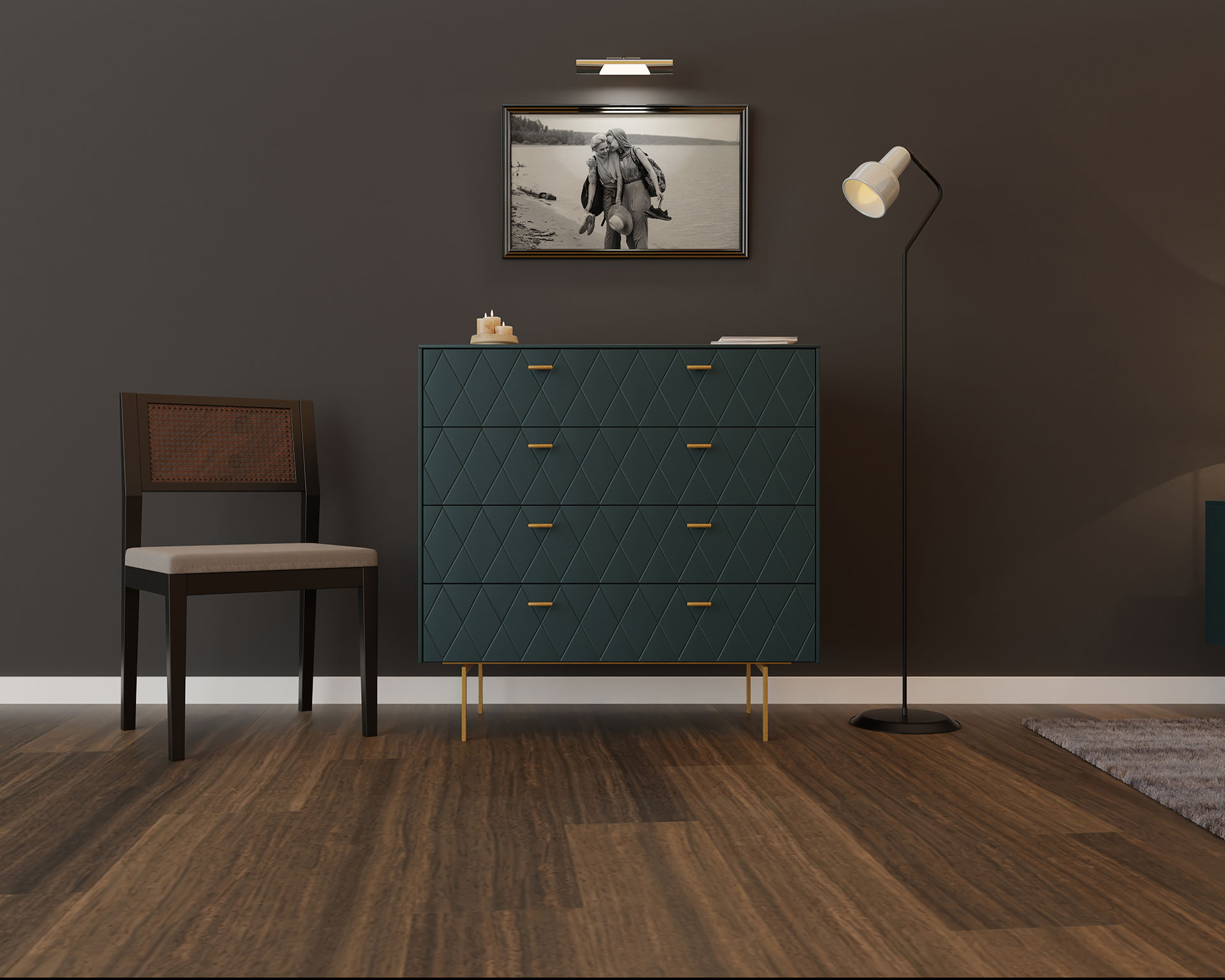 GDECO - COMODA 4 CAJONES. COLECCIÓN DIAMOND. LACADA VERDE OSCURO, ZOCALO NEGRO GRAFITO. GUIA CON FRENO.