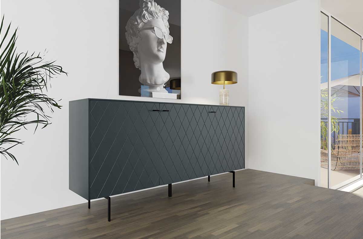 GDECO - APARADOR 3 PUERTAS. COLECCIÓN DIAMOND. LACADA VERDE OSCURO, ZOCALO NEGRO GRAFITO. VISAGRA CON FRENO.