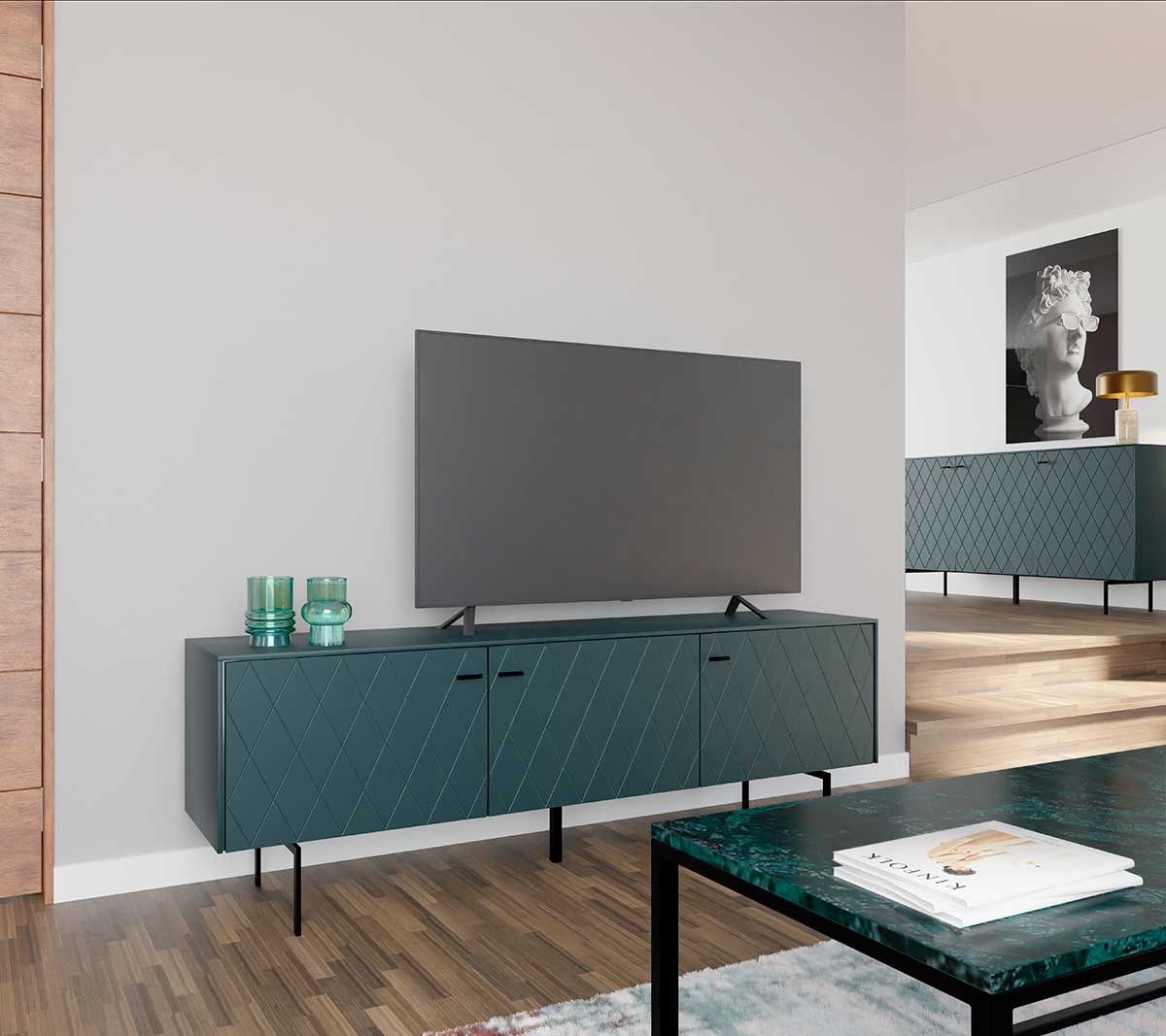 GDECO - MUEBLE TV 3 PUERTAS. ANCHO 182 cm COLECCIÓN DIAMOND. LACADA VERDE OSCURO, ZOCALO NEGRO GRAFITO. VISAGRA CON FRENO.