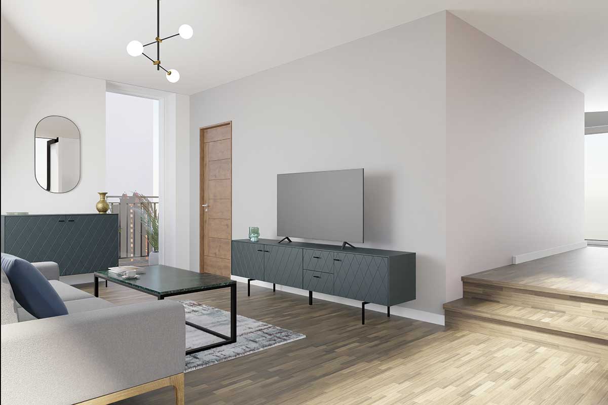 GDECO - MUEBLE TV 3 PUERTAS. y 2 CAJONES. ANCHO 222 cm. COLECCIÓN DIAMOND. LACADA VERDE OSCURO, ZOCALO NEGRO GRAFITO. GUIA Y VISAGRA CON FRENO.