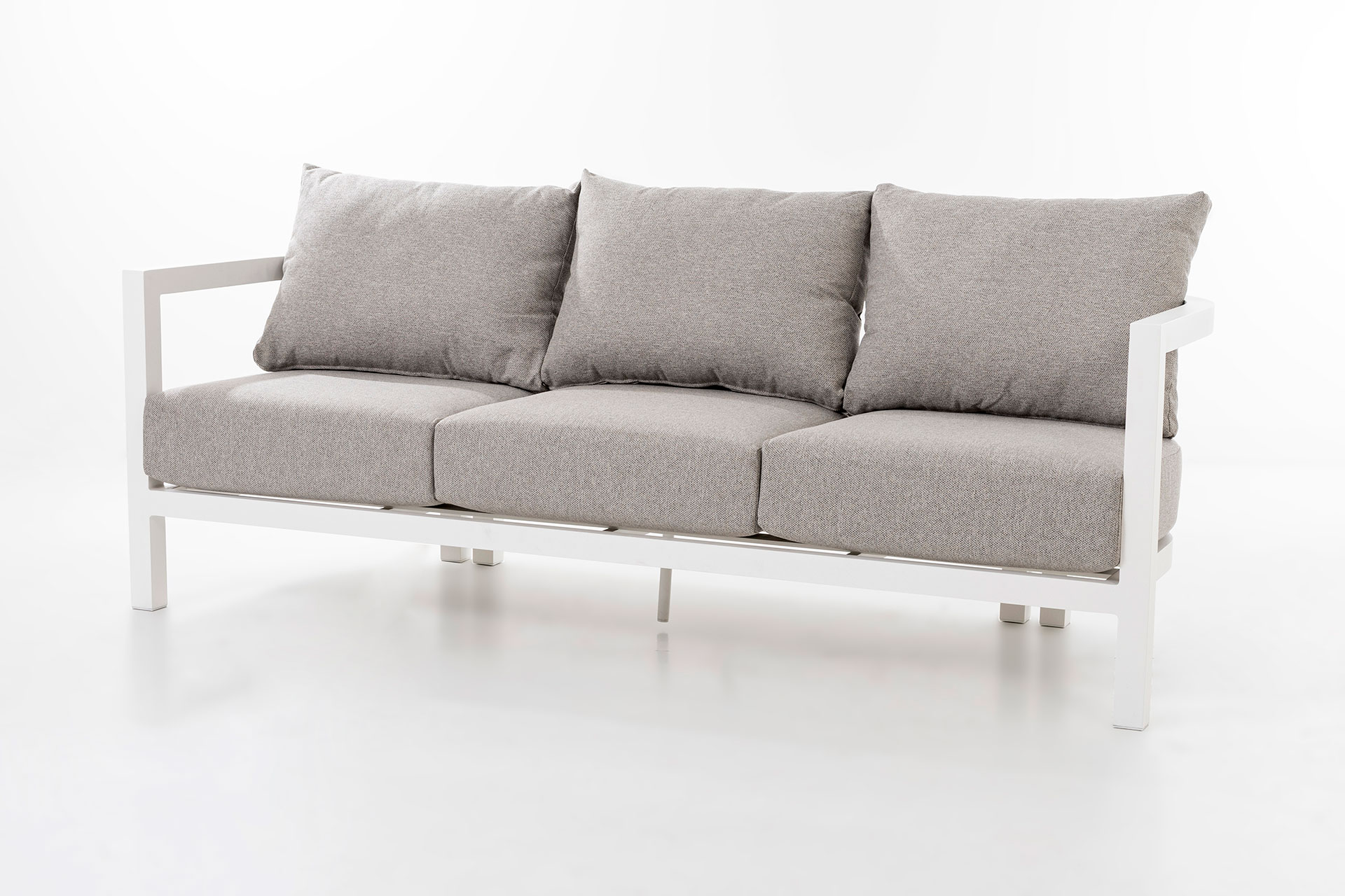 GDECO - Set sofás exterior y mesa de centro Ava, 5 personas. Aluminio blanco y tejido beige