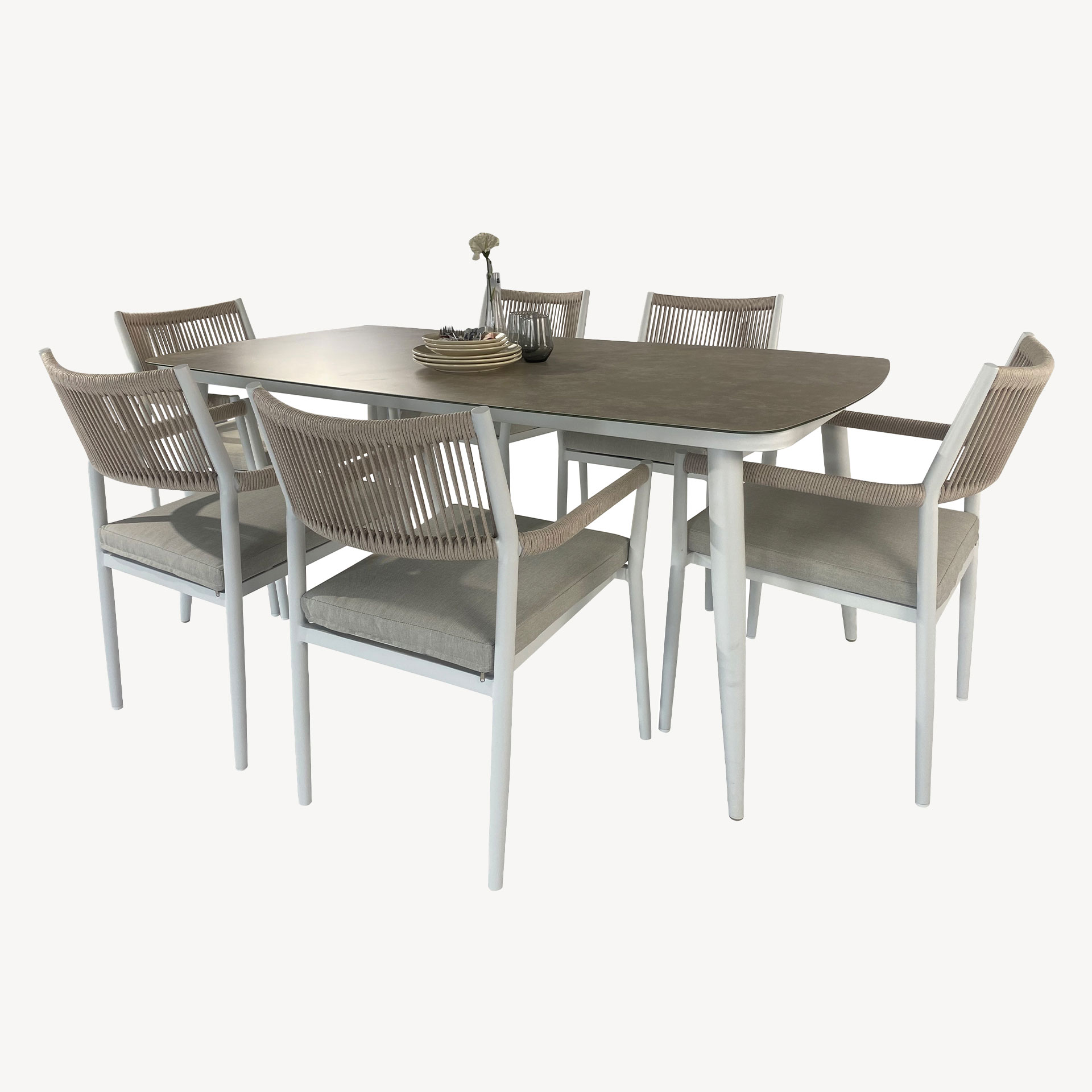 GDECO - Set comedor terraza Corinto blanco. 1 mesa y 6 sillas