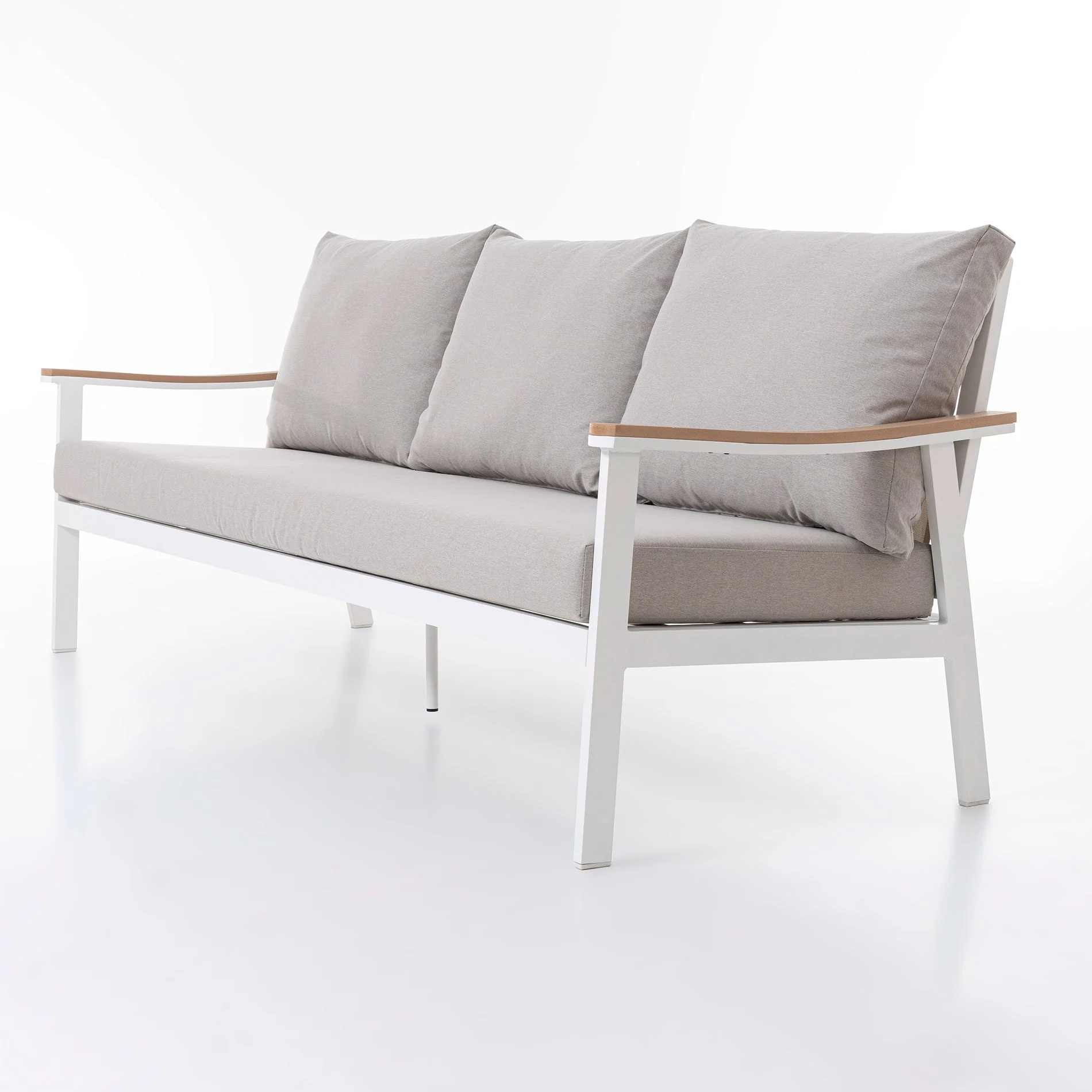 GDECO - Set sofás exterior y mesa de centro Corinto 5 personas. Aluminio blanco, madera sintética y tejido beige. - Imagen 4