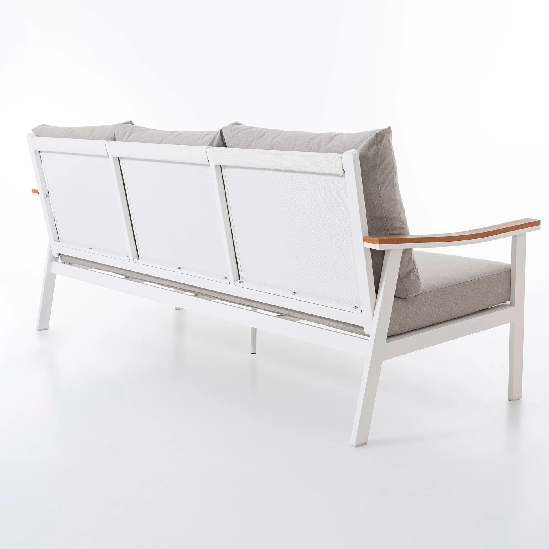 GDECO - Set sofás exterior y mesa de centro Corinto 5 personas. Aluminio blanco, madera sintética y tejido beige. - Imagen 5