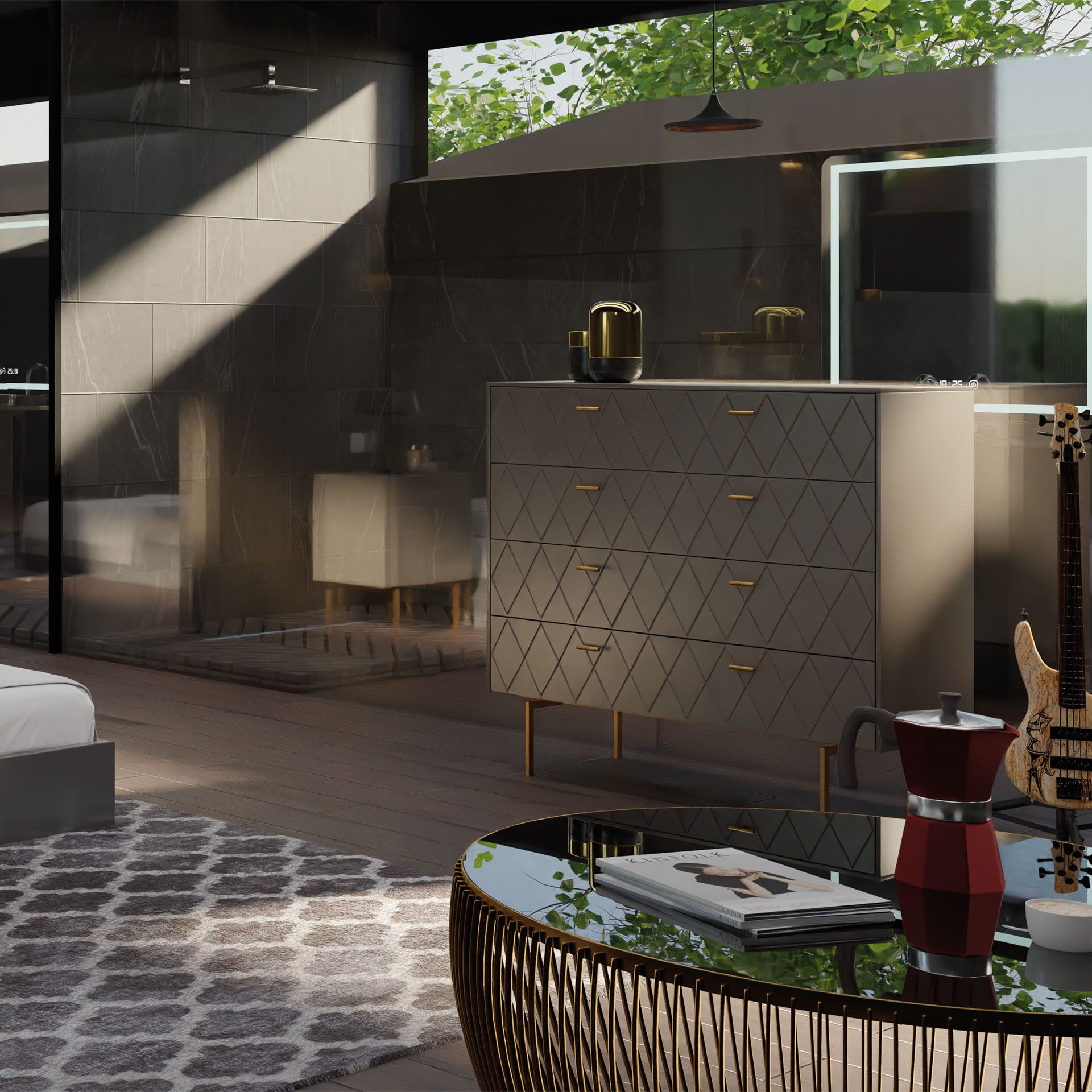 GDECO - COMODA 4 CAJONES. COLECCIÓN DIAMOND. LACADA ORO PERLADO, ZOCALO NEGRO GRAFITO. GUIA CON FRENO.