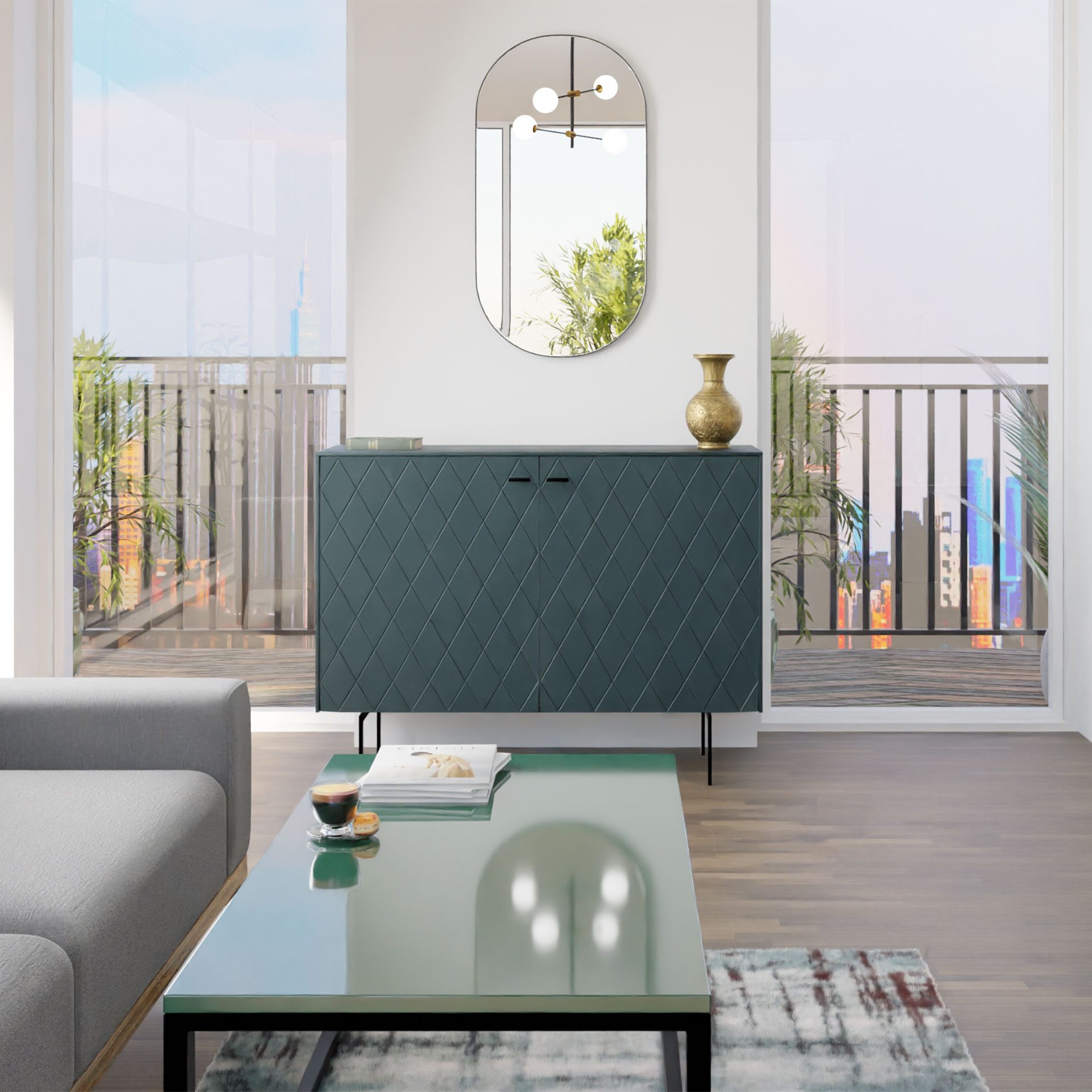 GDECO - CONSOLA 2 PUERTAS. COLECCIÓN DIAMOND. LACADA VERDE OSCURO, ZOCALO NEGRO GRAFITO. VISAGRA CON FRENO.