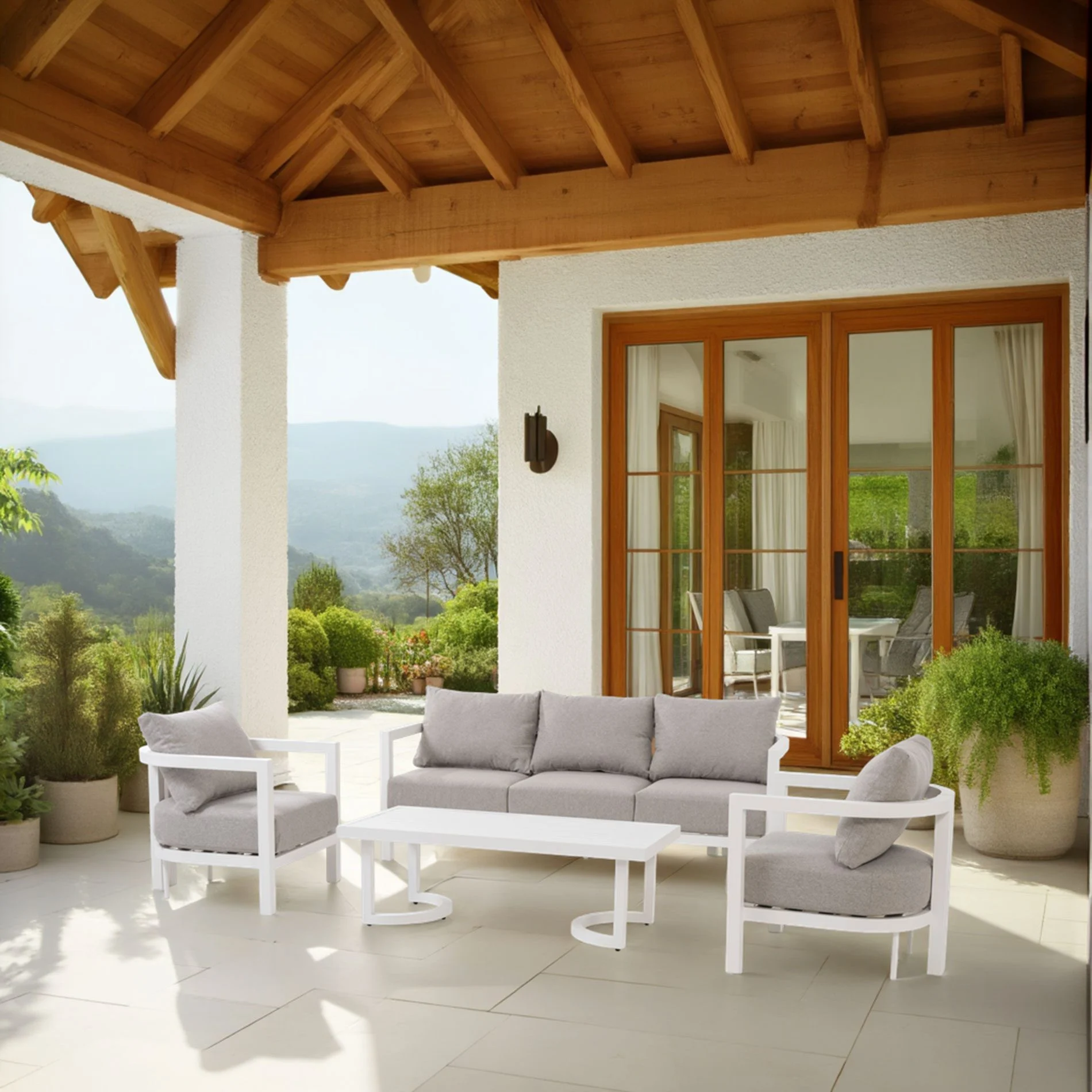 GDECO - Set sofás exterior y mesa de centro Ava, 5 personas. Aluminio blanco y tejido beige