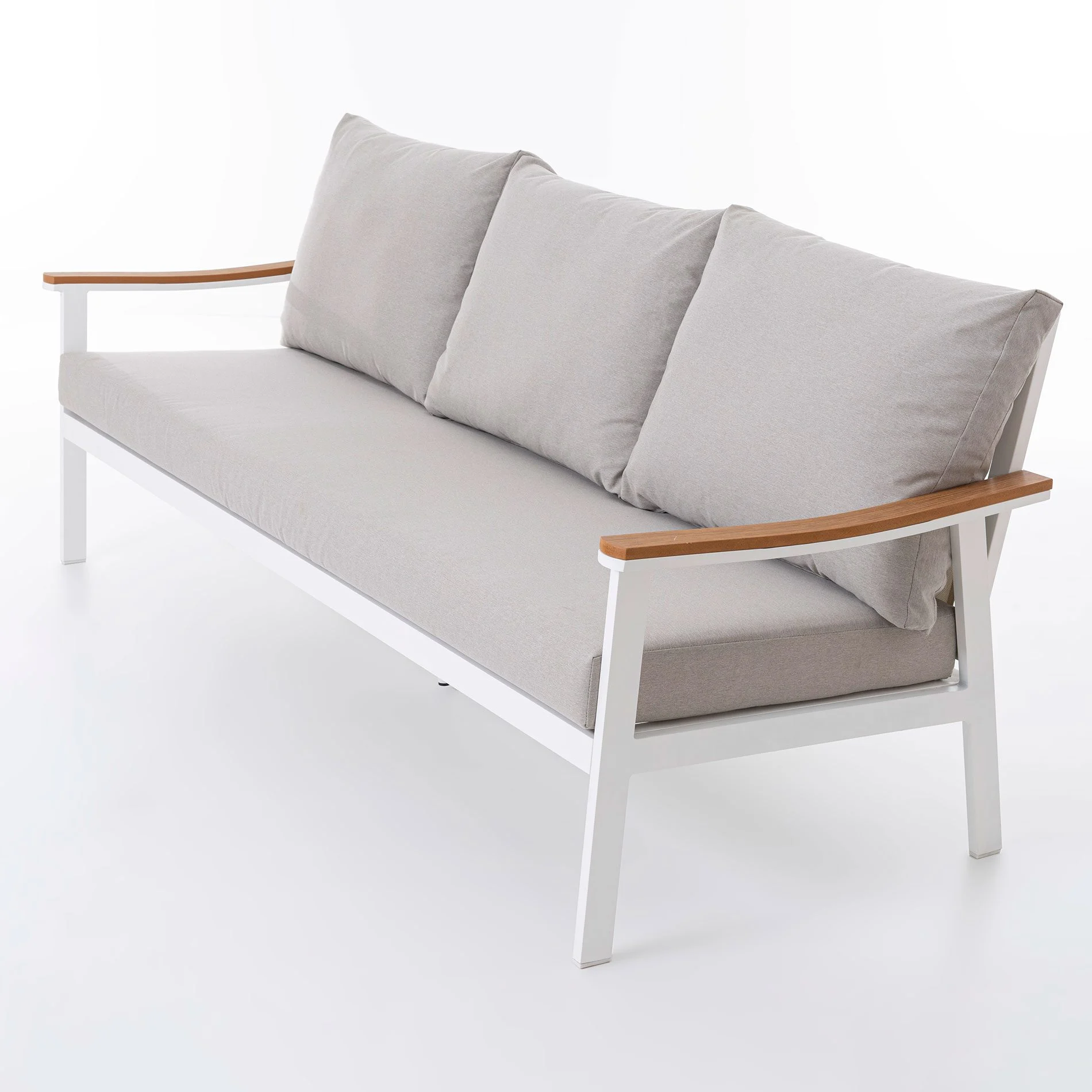 GDECO - Set sofás exterior y mesa de centro Corinto 5 personas. Aluminio blanco, madera sintética y tejido beige. - Imagen 3