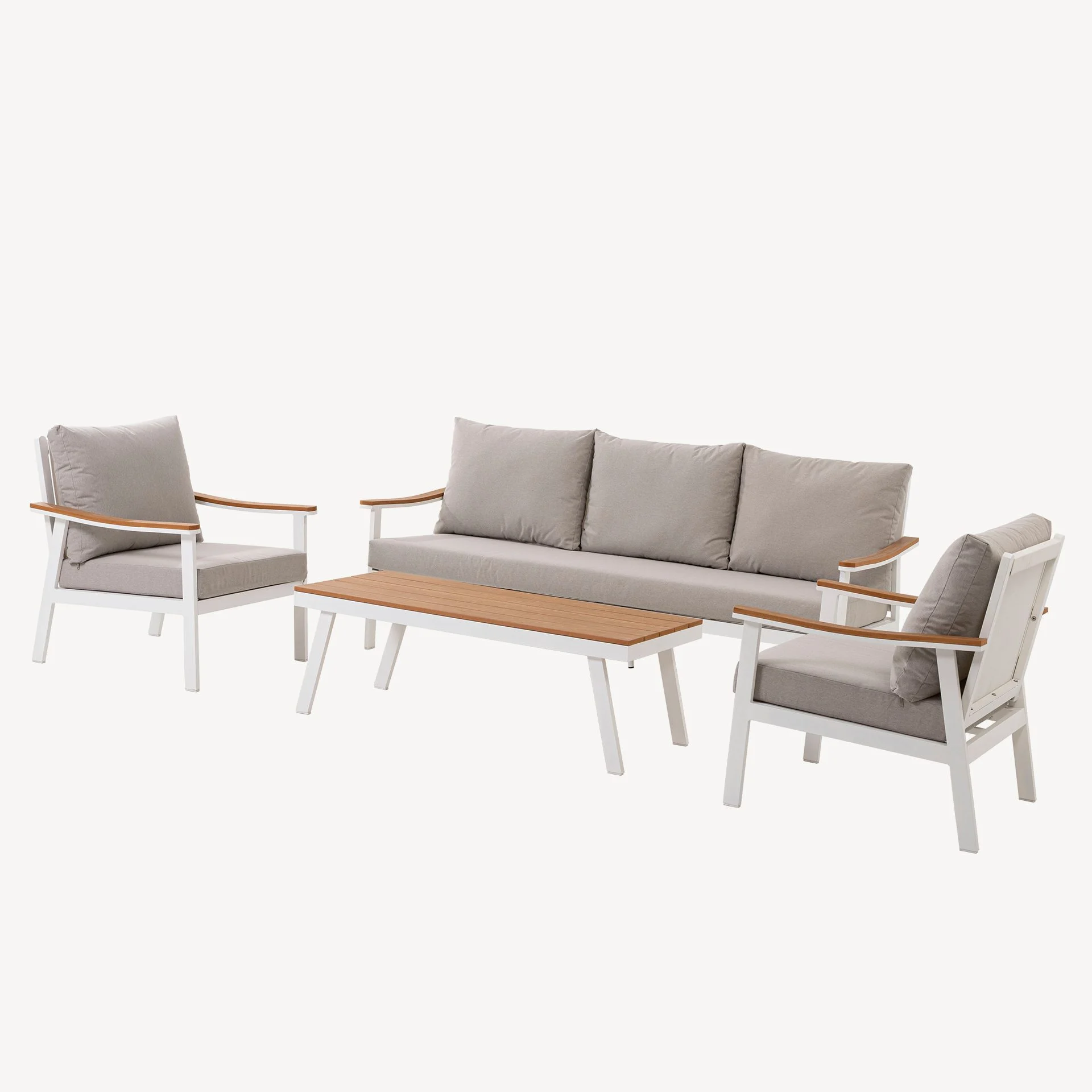 Alternative view of GDECO - Set sofás exterior y mesa de centro Corinto 5 personas. Aluminio blanco, madera sintética y tejido beige.
