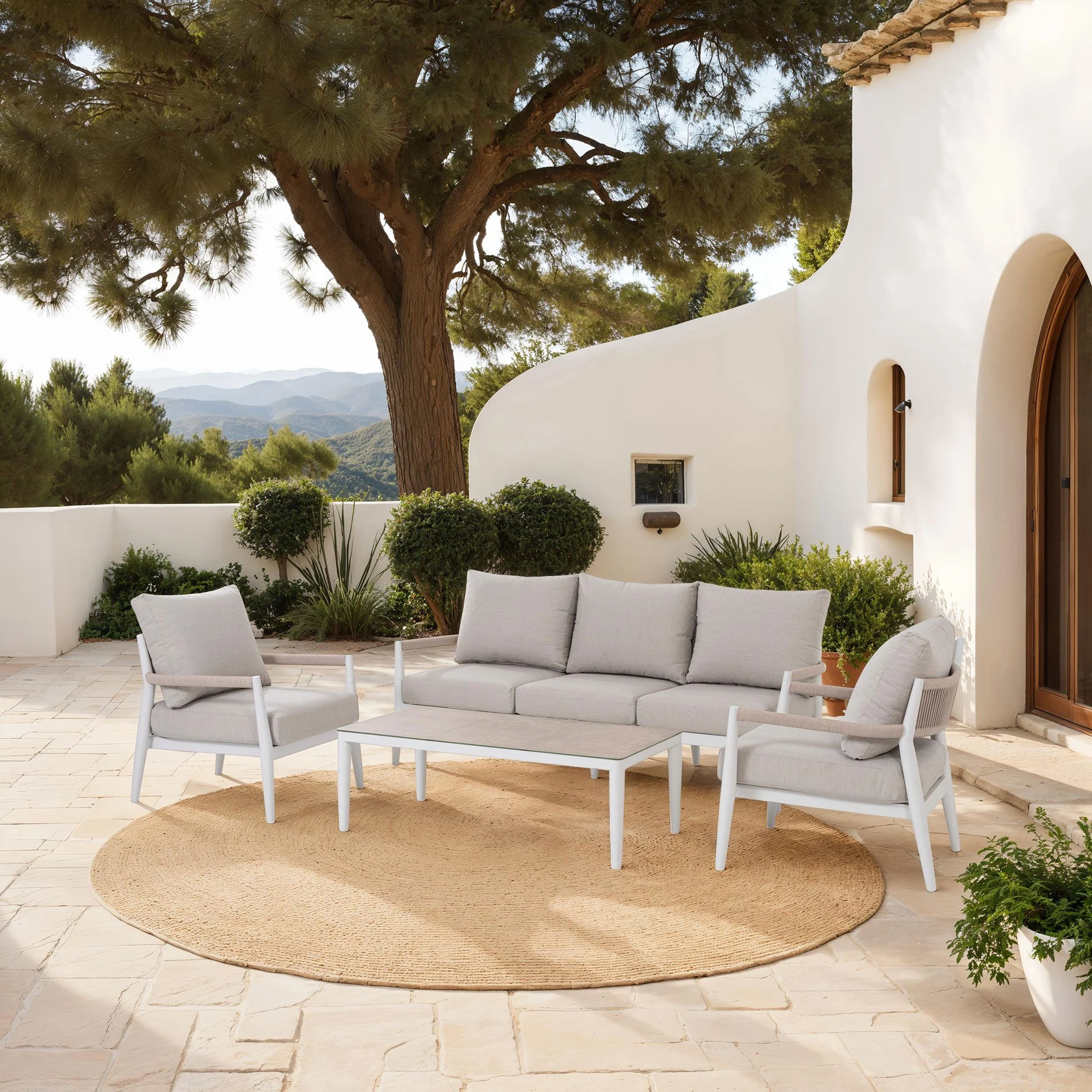 GDECO - Set terraza Corinto blanco. Sillones y mesa centro, capacidad 5 personas.