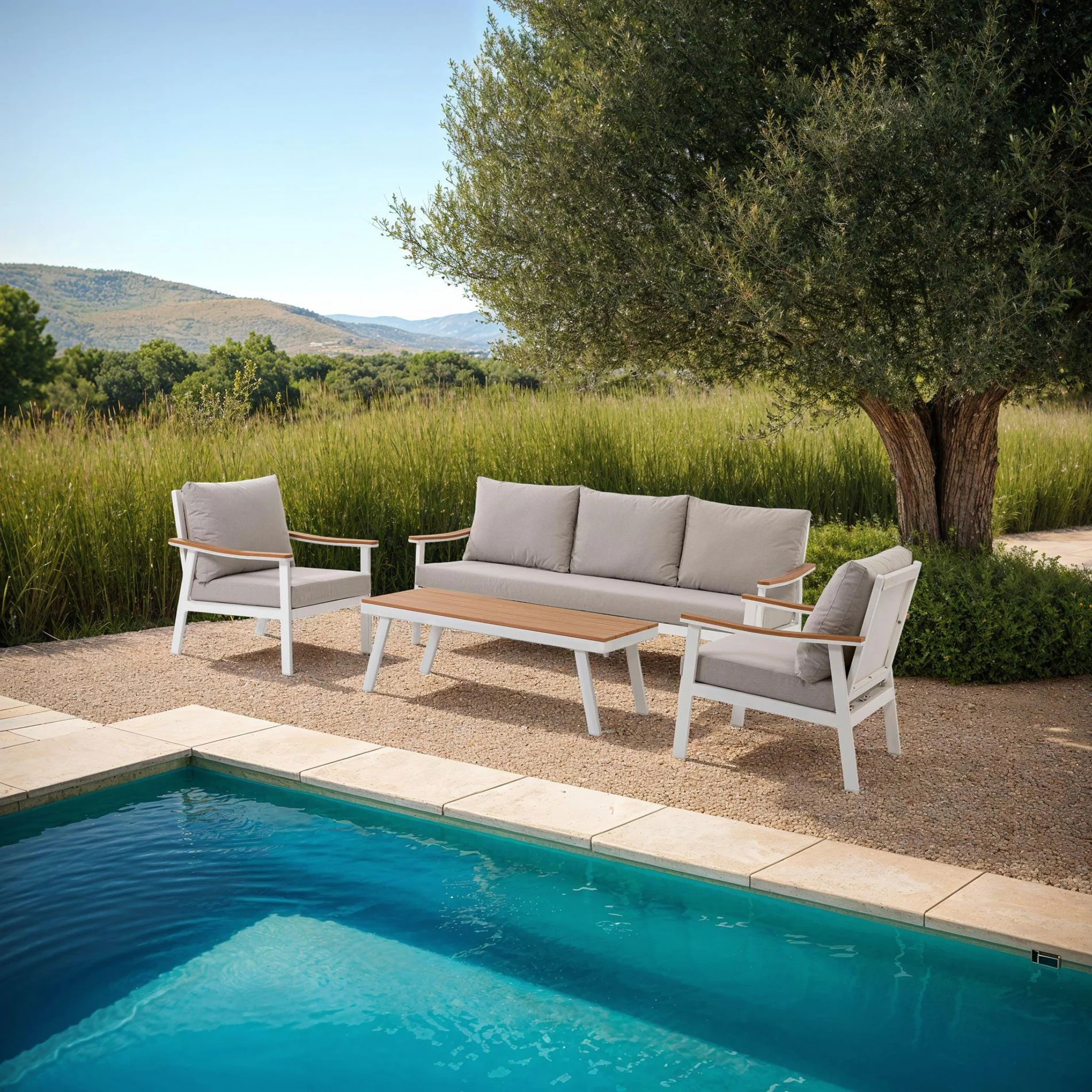 GDECO - Set sofás exterior y mesa de centro Corinto 5 personas. Aluminio blanco, madera sintética y tejido beige.