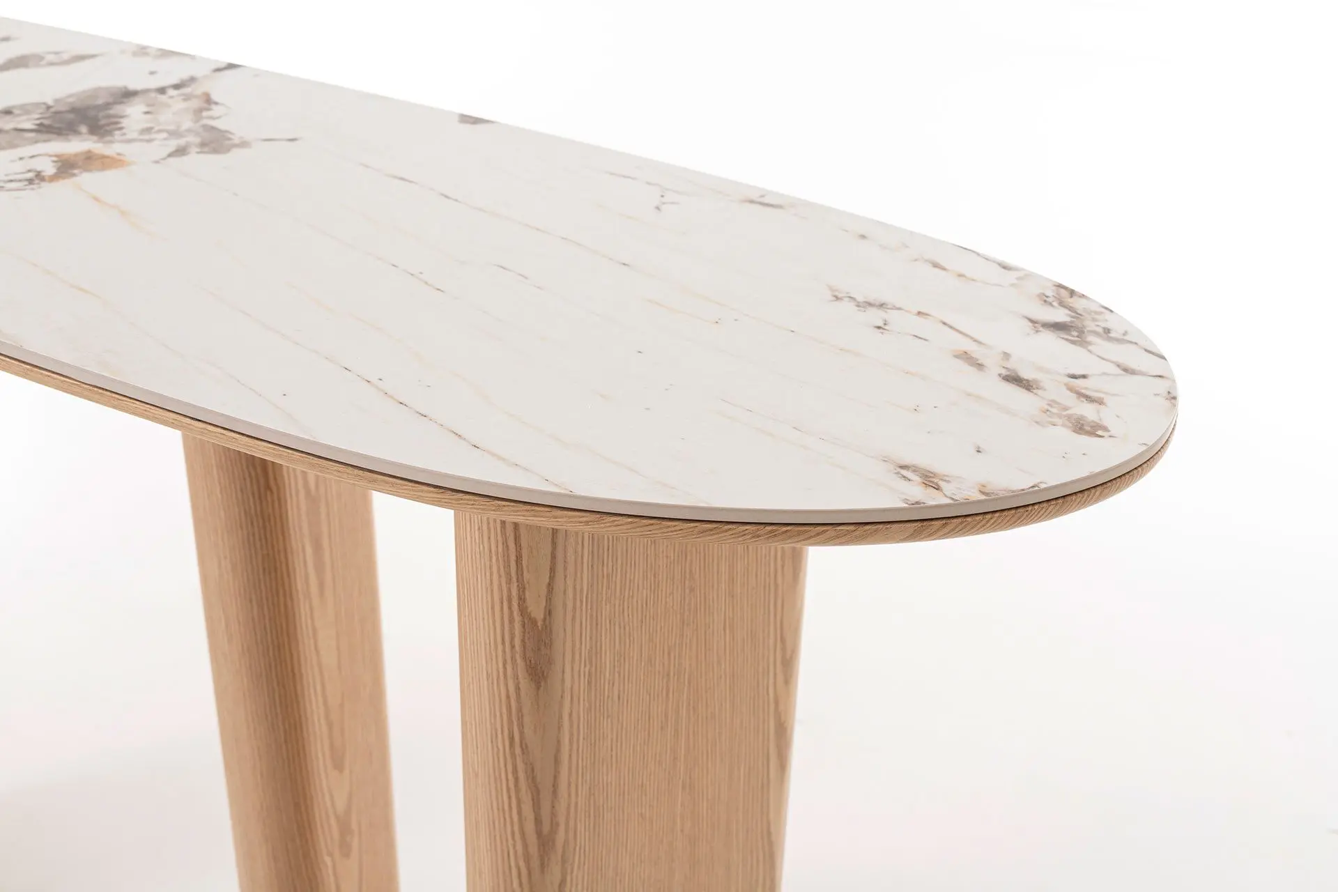 GDECO - CONSOLA MELANI 150*80*40 CM. TAPA PORCELANICO BLANCO, PIE CHAPA MADERA ROBLE - Imagen 4