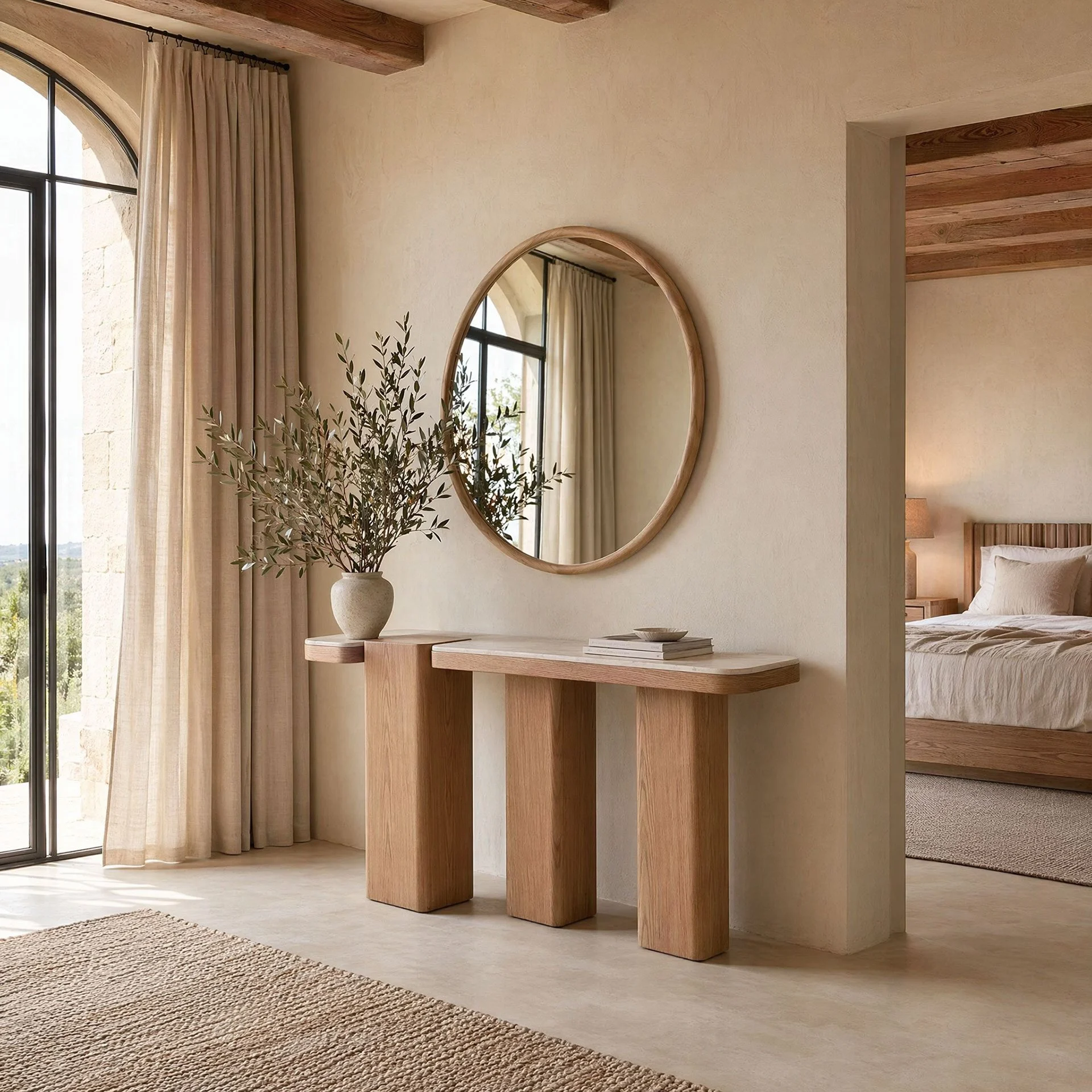 GDECO - CONSOLA DELFOS 150*80*35 CM. TAPA MÁRMOL BLANCO, PIE CHAPA MADERA ROBLE