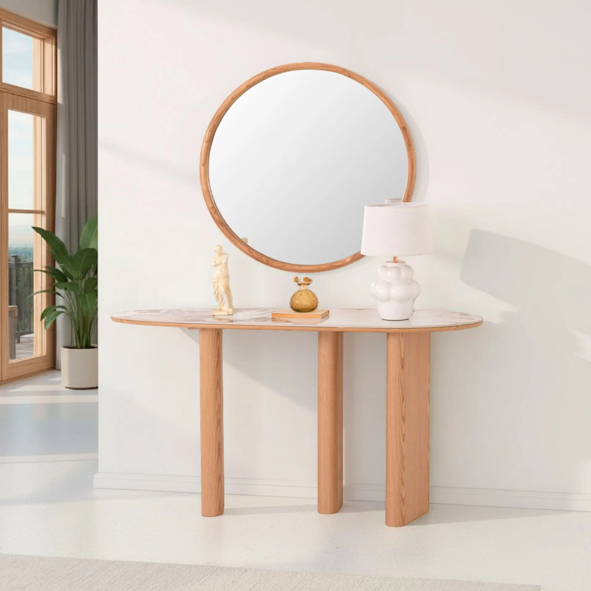 GDECO - CONSOLA MELANI 150*80*40 CM. TAPA PORCELANICO BLANCO, PIE CHAPA MADERA ROBLE
