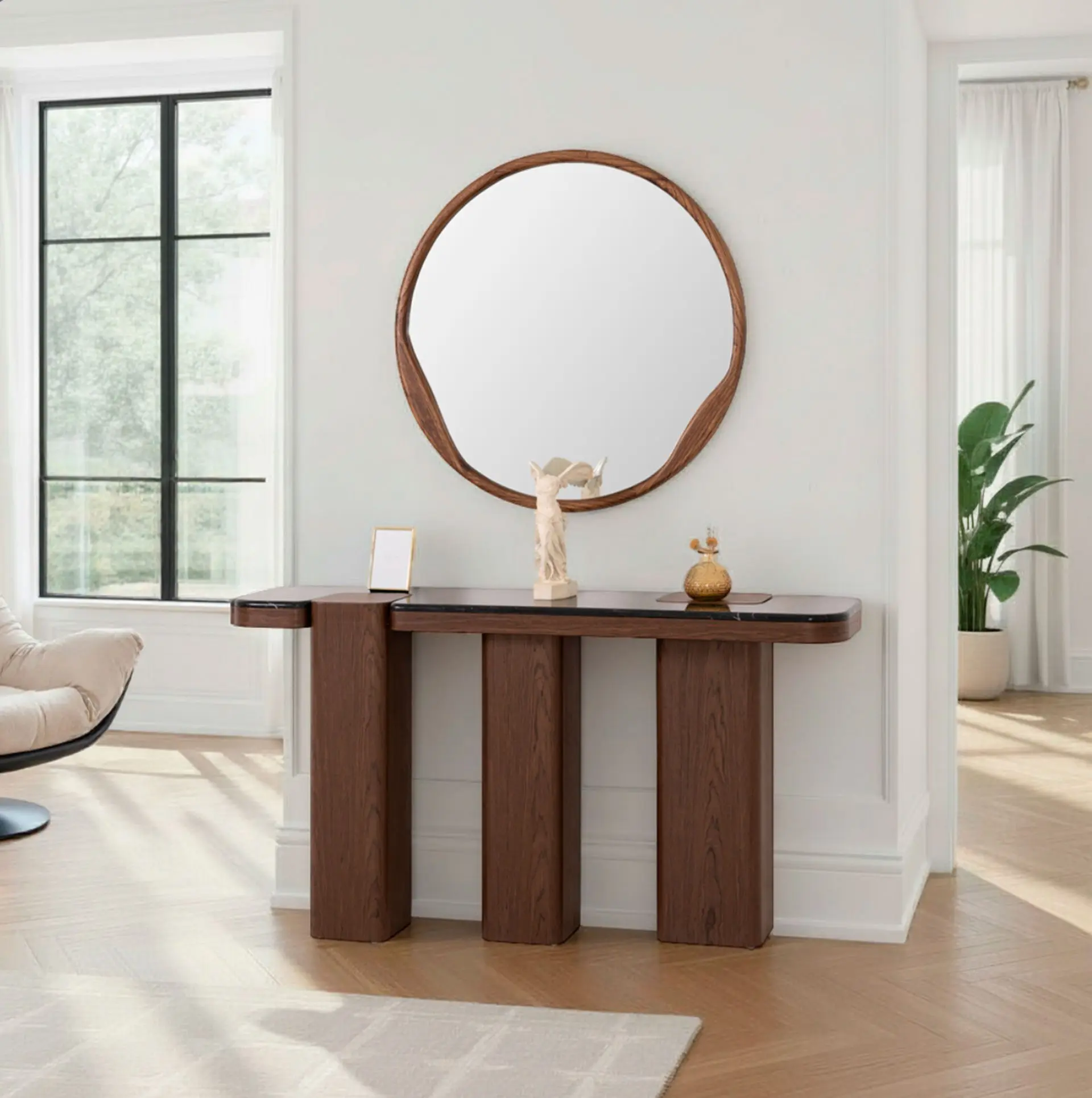 GDECO - CONSOLA DELFOS 150*80*35 CM. TAPA PORCELANICO NEGRO, PIE CHAPA MADERA NOGAL