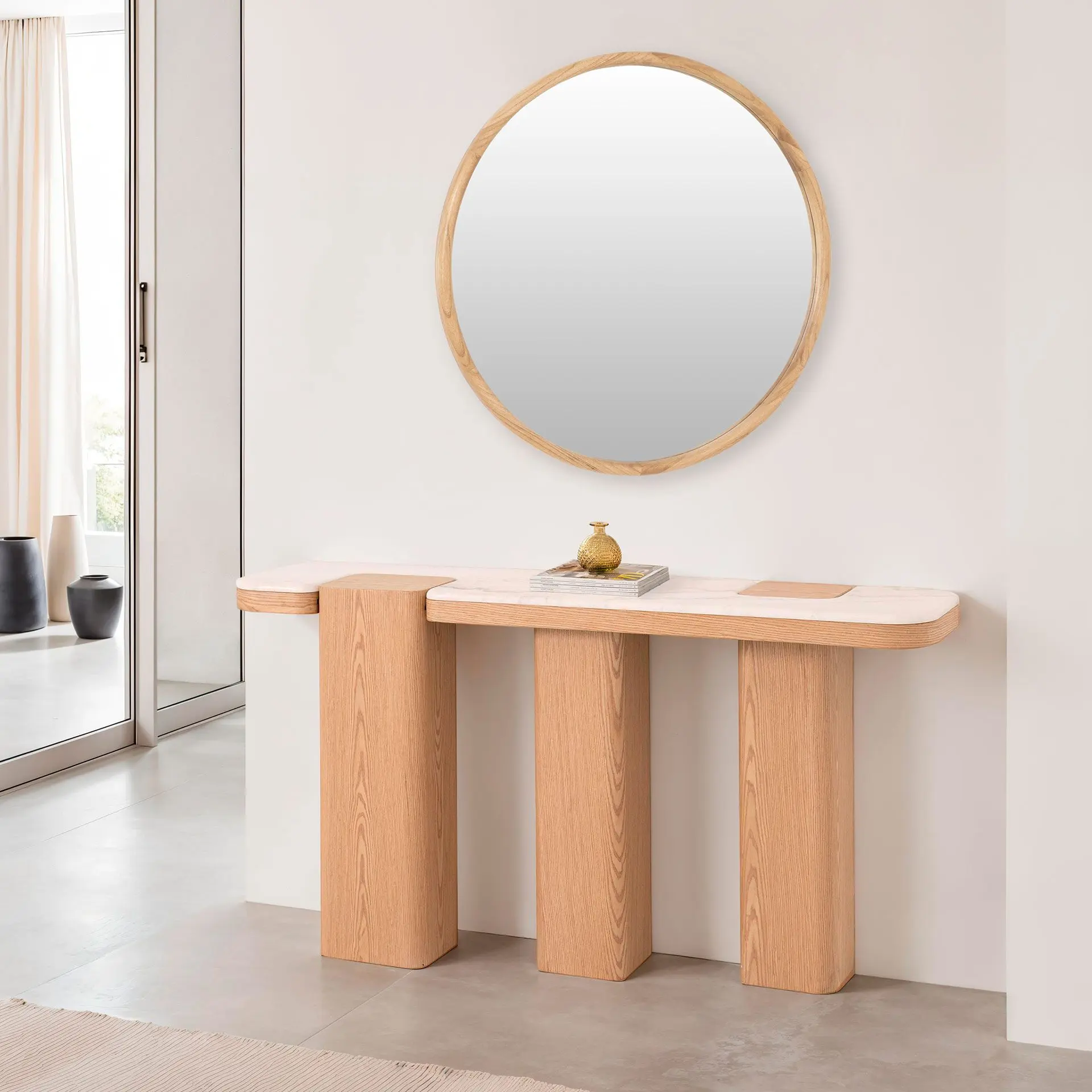 GDECO - CONSOLA DELFOS 150*80*35 CM. TAPA PORCELANICO BLANCO, PIE CHAPA MADERA ROBLE