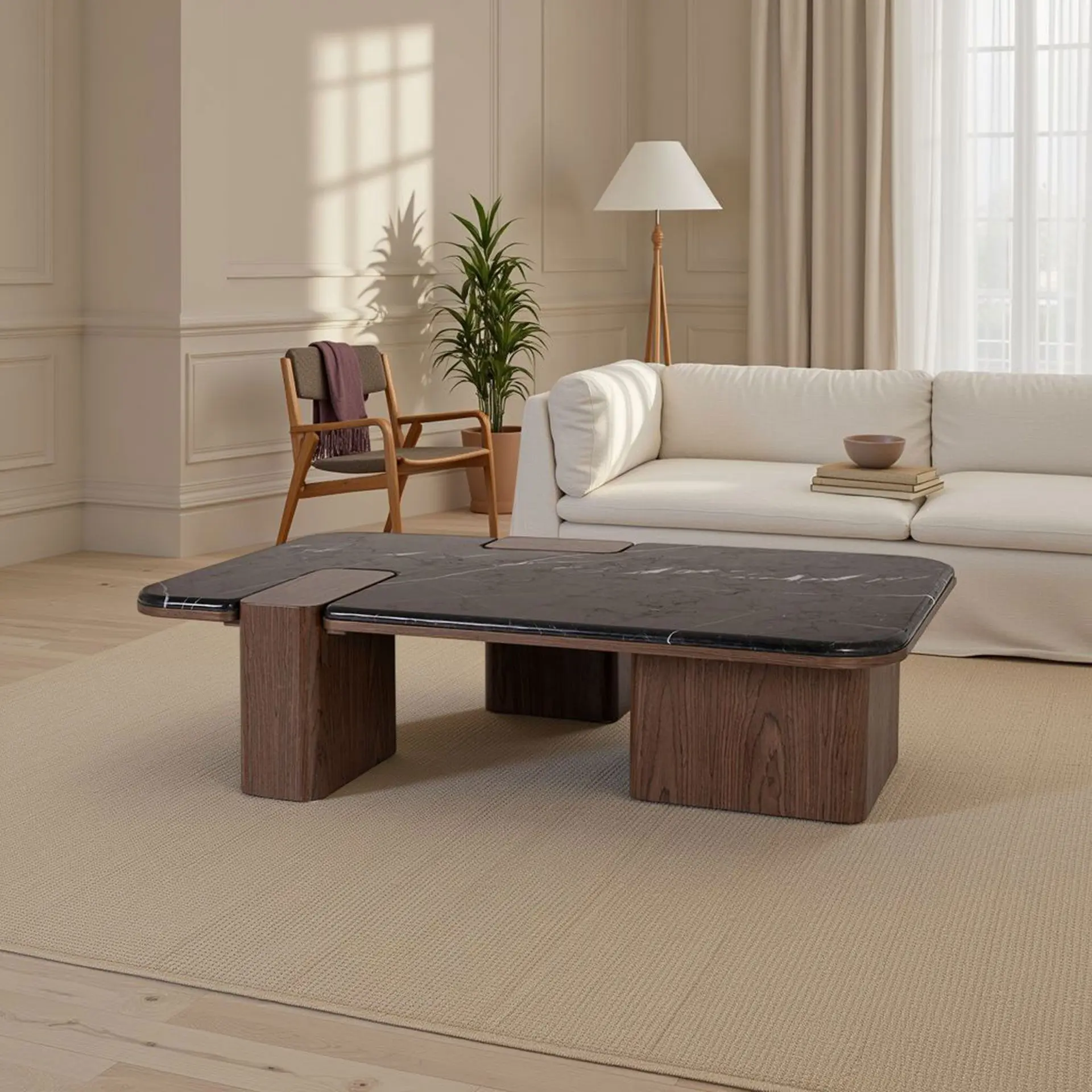 GDECO - MESA SOFA DELFOS. CHAPA MADERA NOGAL Y TAPA PORCELÁNICO NEGRO. 120*70*31 CM
