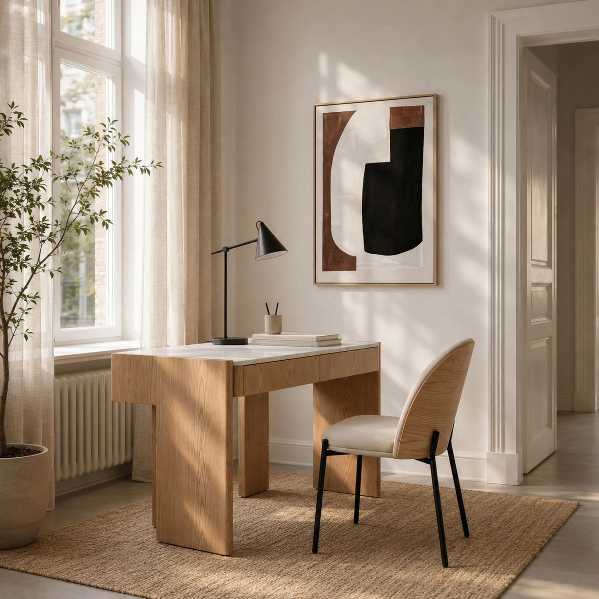GDECO - Escritorio Gio de Chapa Roble y Tapa en Porcelánico. 120*75*60 cm