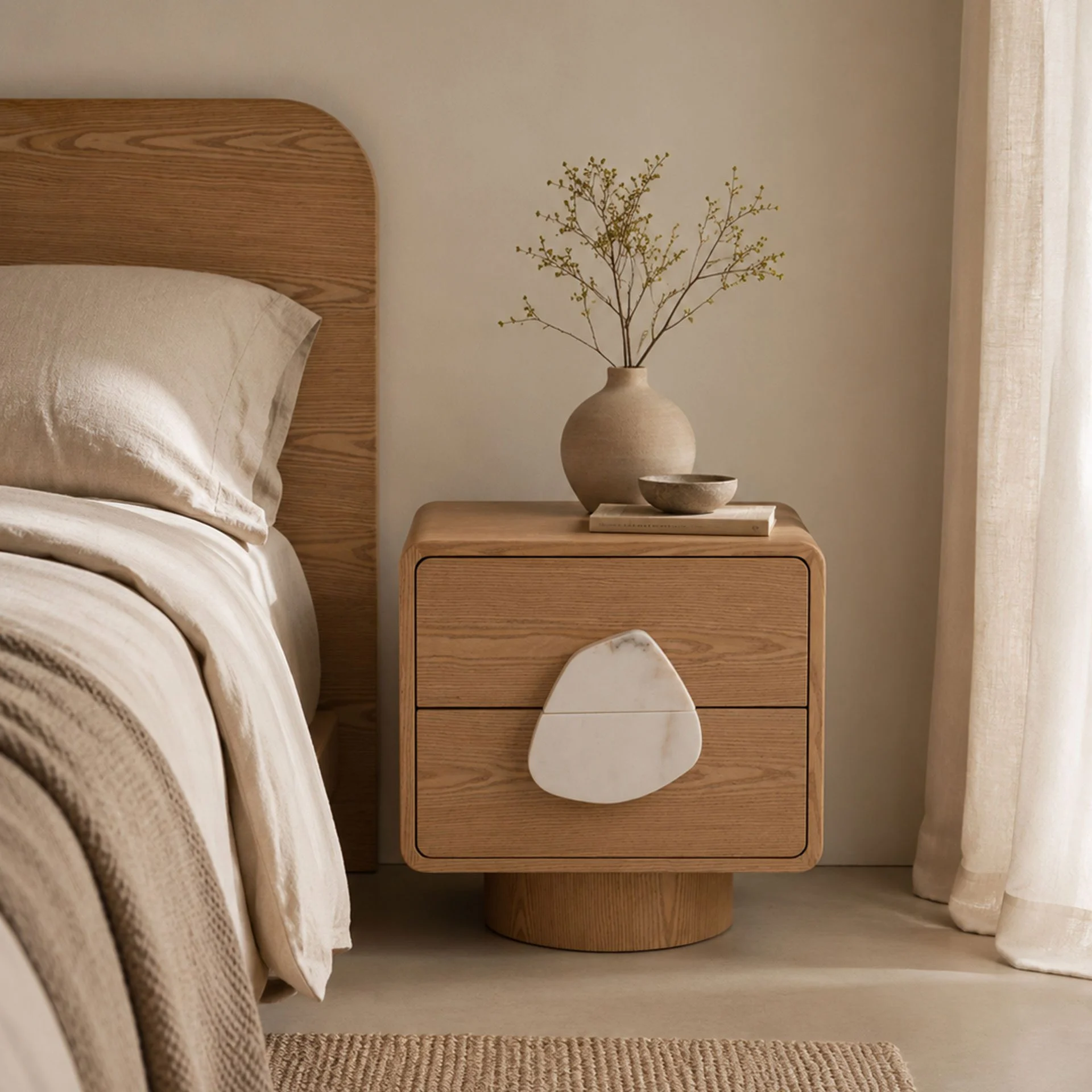 GDECO - Mesita Petra en chapa roble y tirador mármol. 55*43*54 cm
