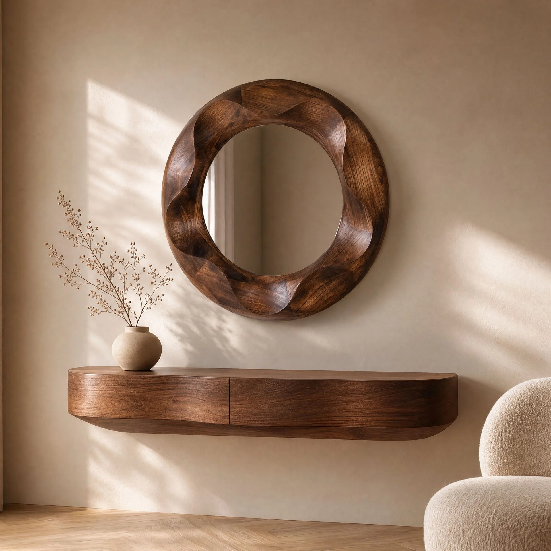 GDECO - Espejo Pared Madera Nogal Claro 80*80 cm