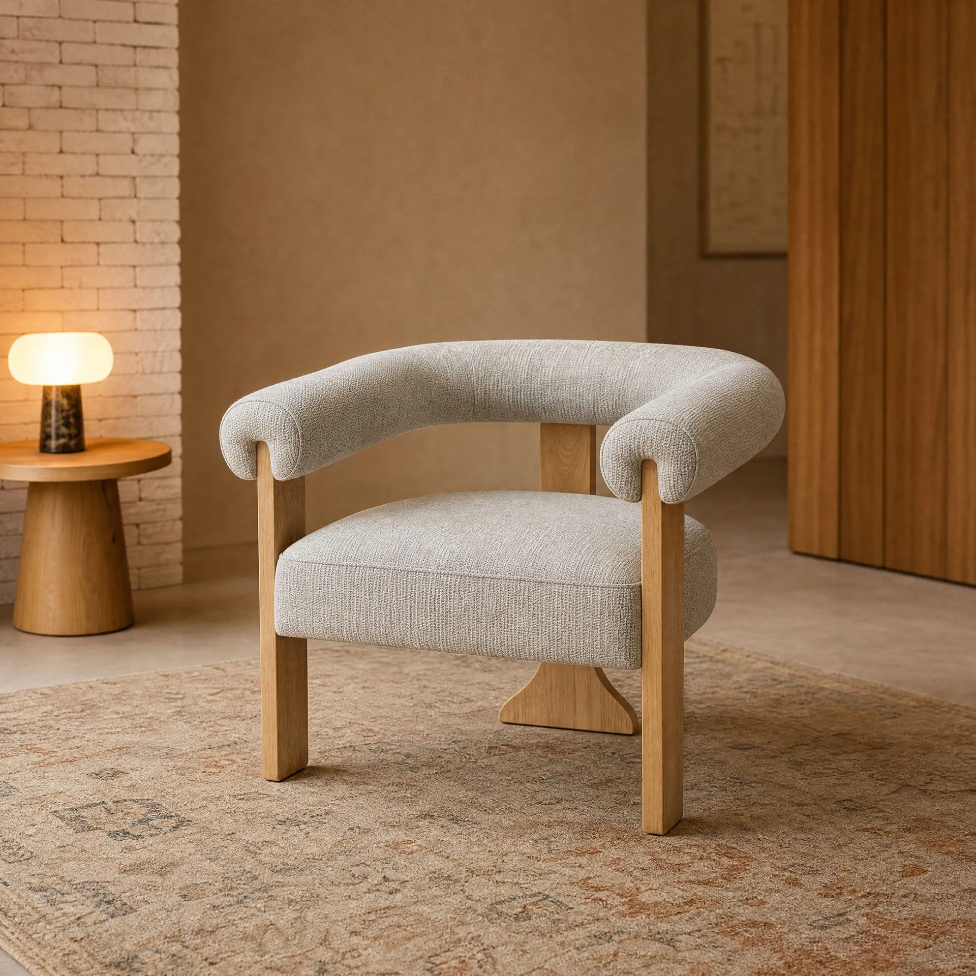 GDECO - Butaca Adelaida, Pata Madera Roble y Tapizado Beige 82*68*73 cm