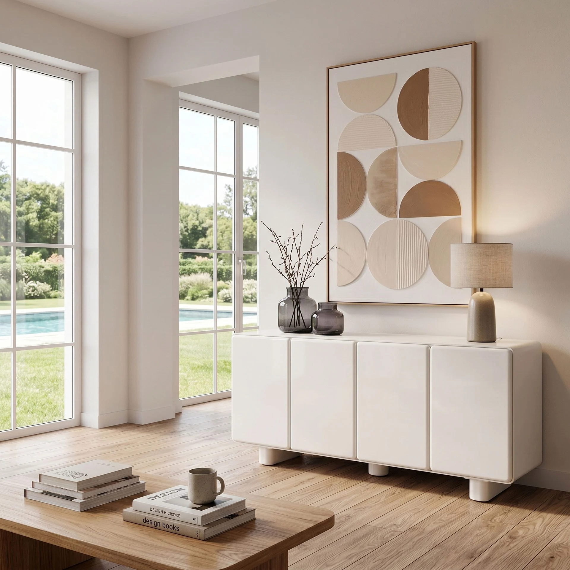 GDECO - Aparador Melani Lacado Alto Brillo, Color Blanco Hueso. 180*45*80 cm