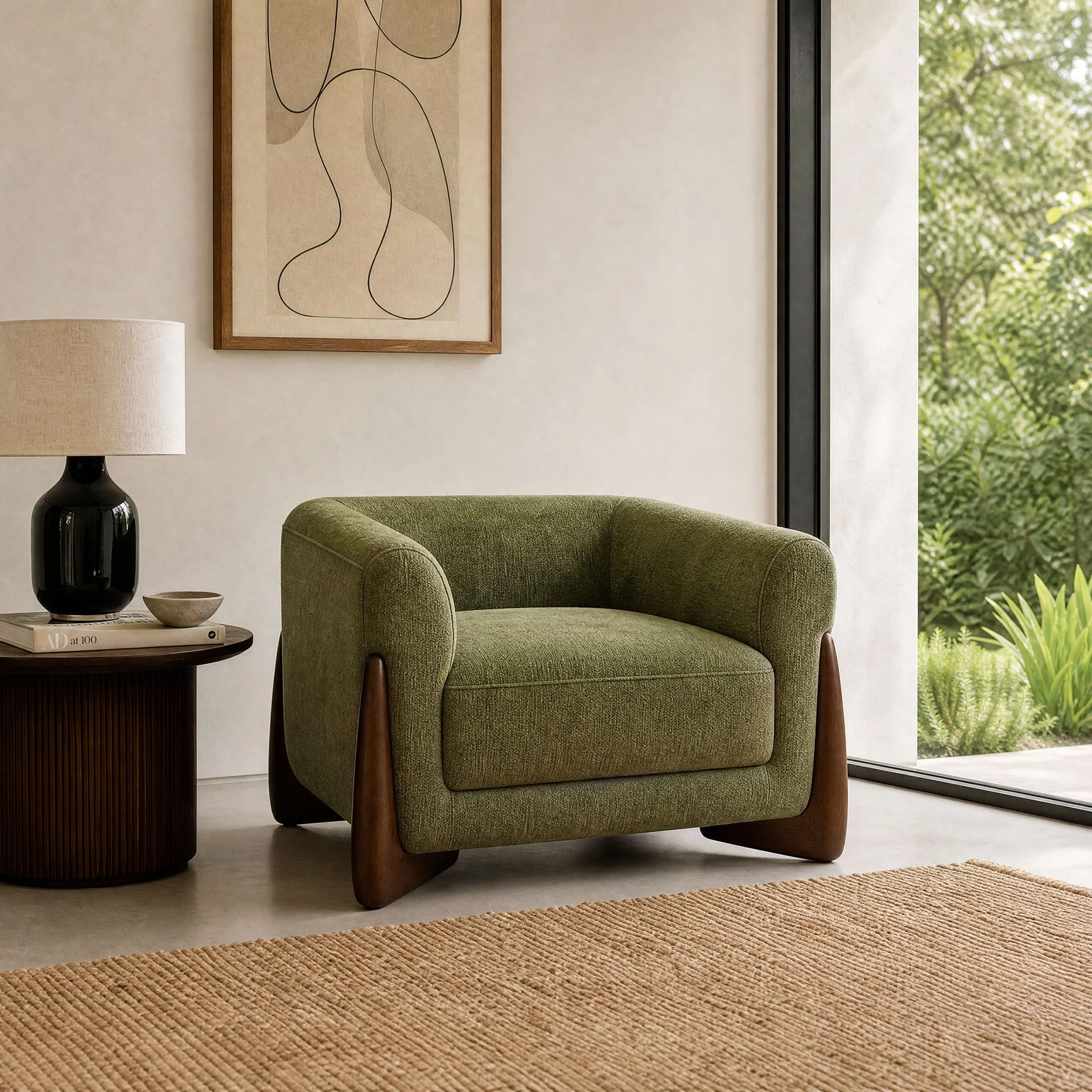 GDECO - Butaca Marina, Pata Madera Nogal y Tapizado Verde 78*89*61 cm
