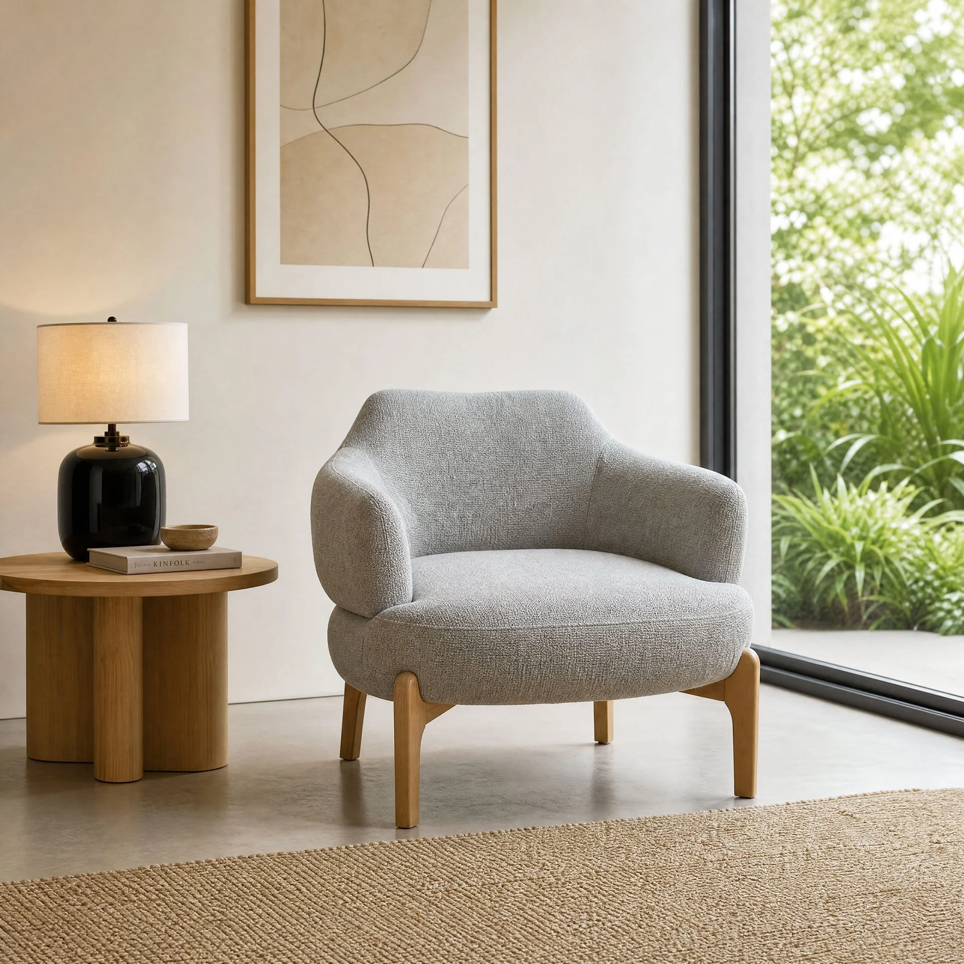 GDECO - Butaca Elvira, Pata Madera Roble y Tapizado Beige 88*83*80 cm