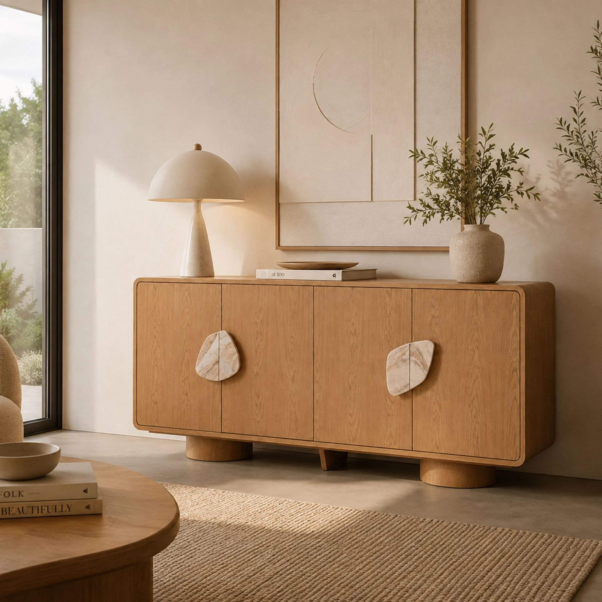 GDECO - Aparador Petra, Chapa Roble y Tirador Piedra Natural 180*54*82 cm