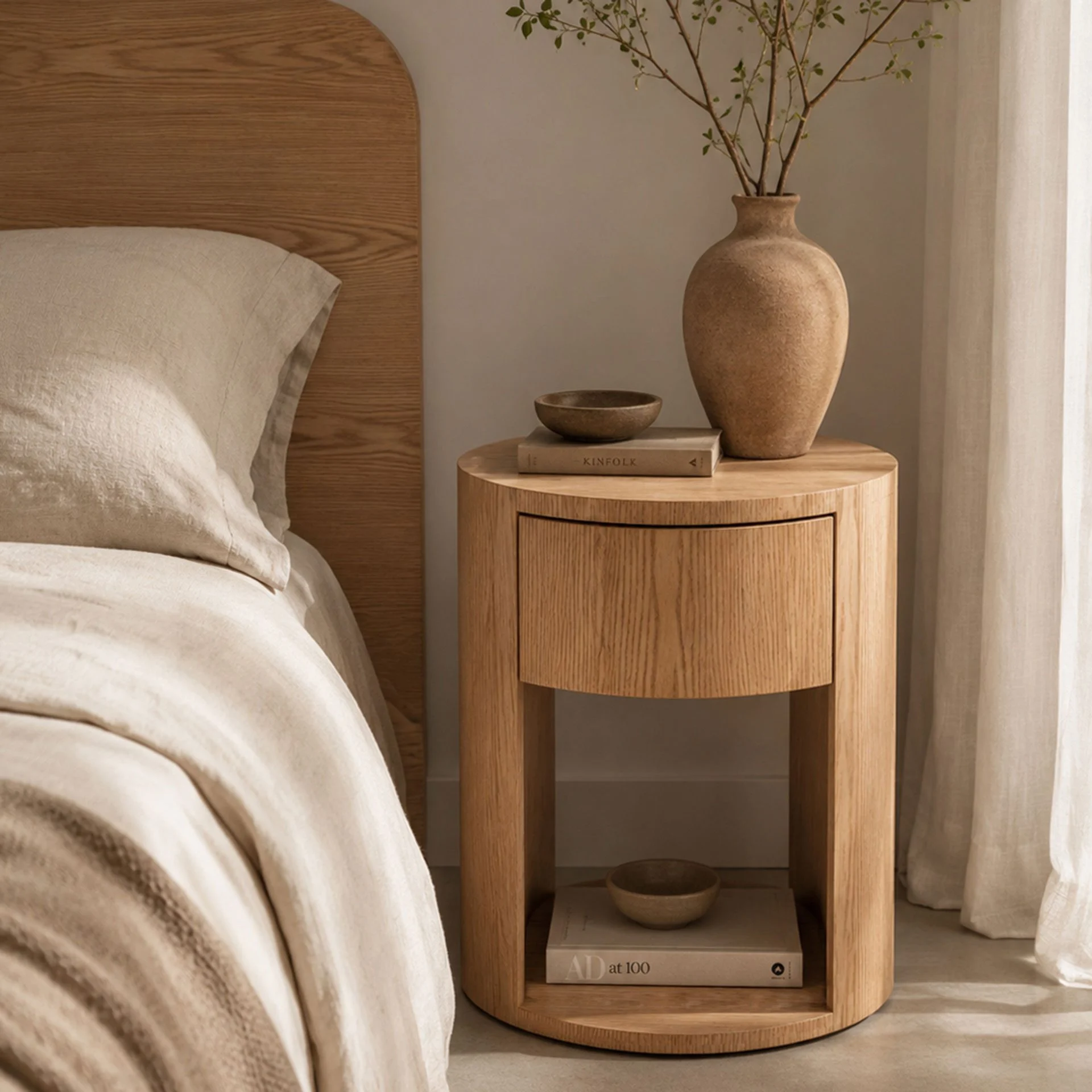 GDECO - Mesita circular madera chapa roble. 50*40*40 cm